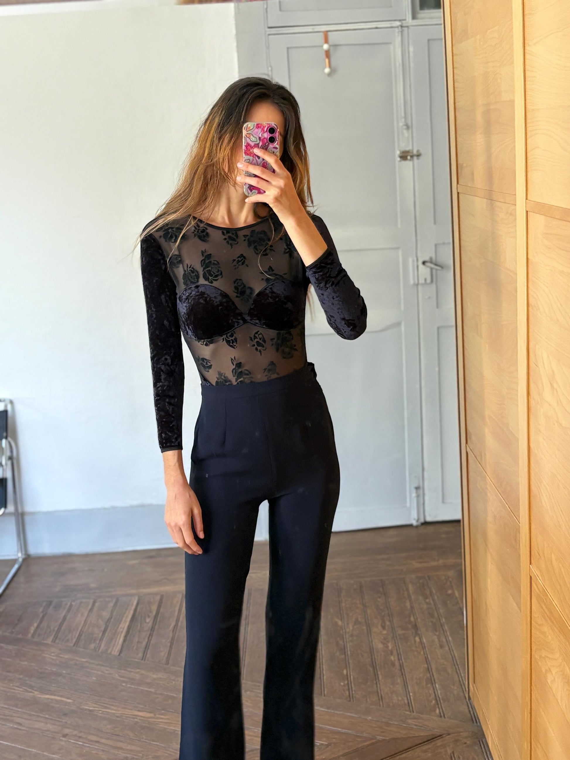 Vintage sheer velvet bodysuit, floral mesh see-through, long sleeve, black Made in Italy, sexy fitted body, size S, elegant ocassion
