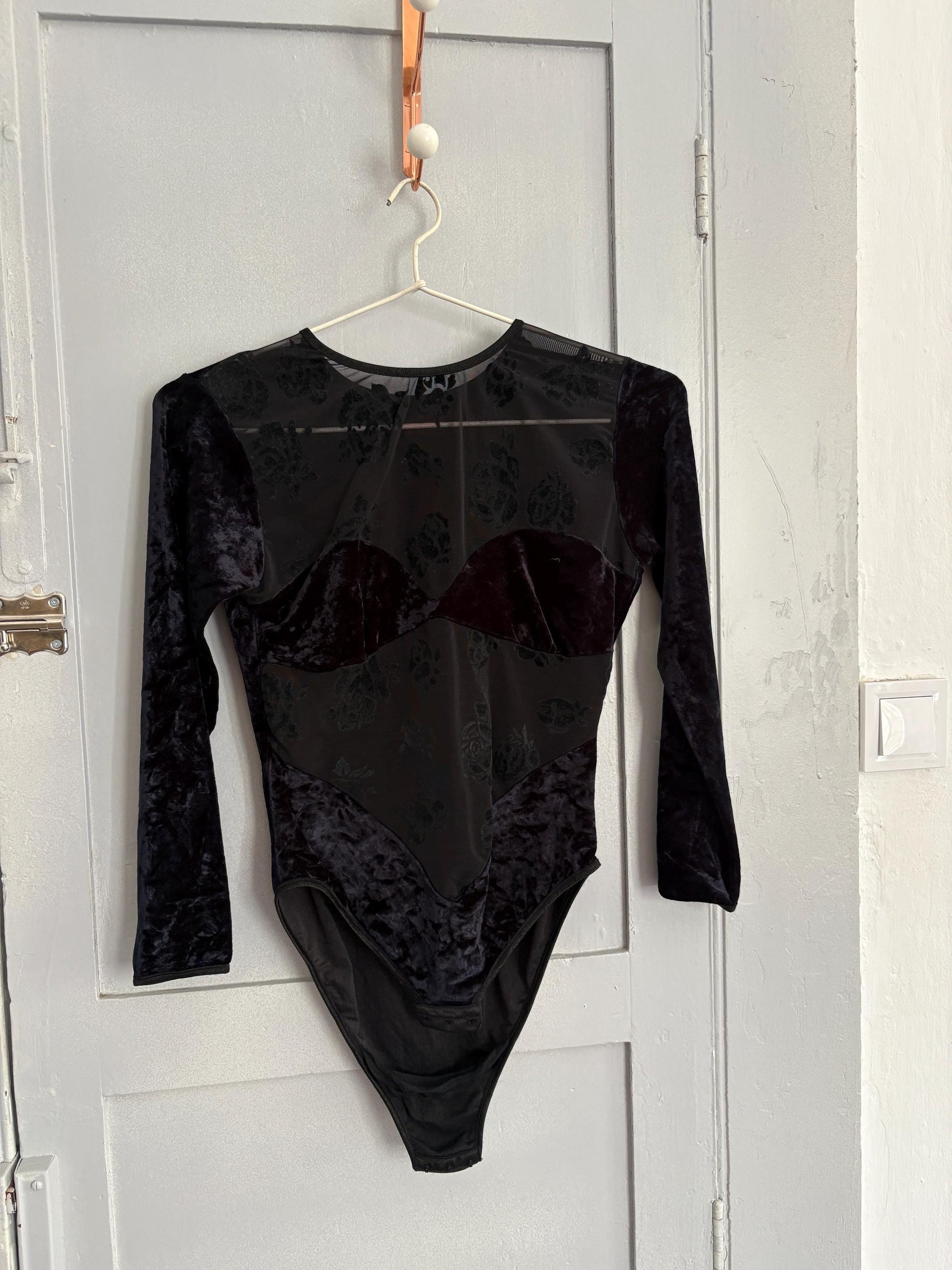 Vintage sheer velvet bodysuit, floral mesh see-through, long sleeve, black Made in Italy, sexy fitted body, size S, elegant ocassion