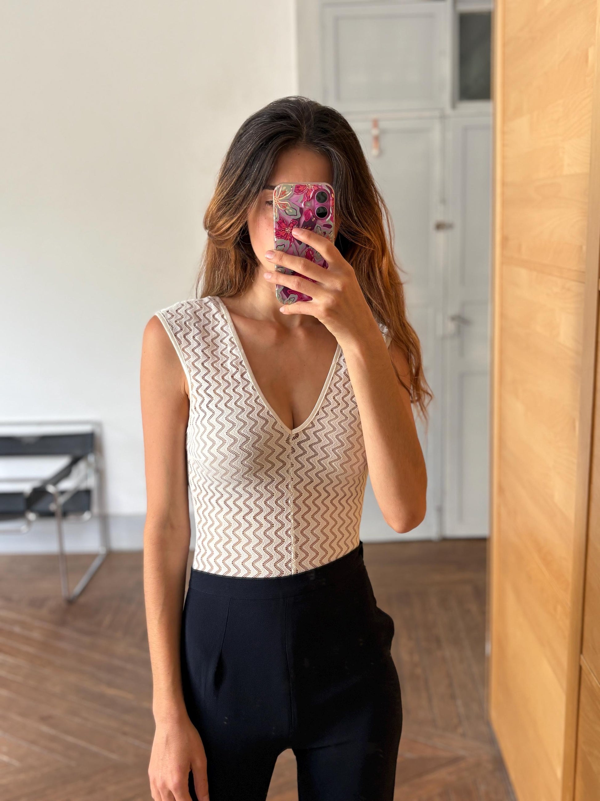 Vintage white sheer bodysuit, zigzag mesh, deep V neckline, sleeveless, sexy fitted look, used lingerie, size XS/S