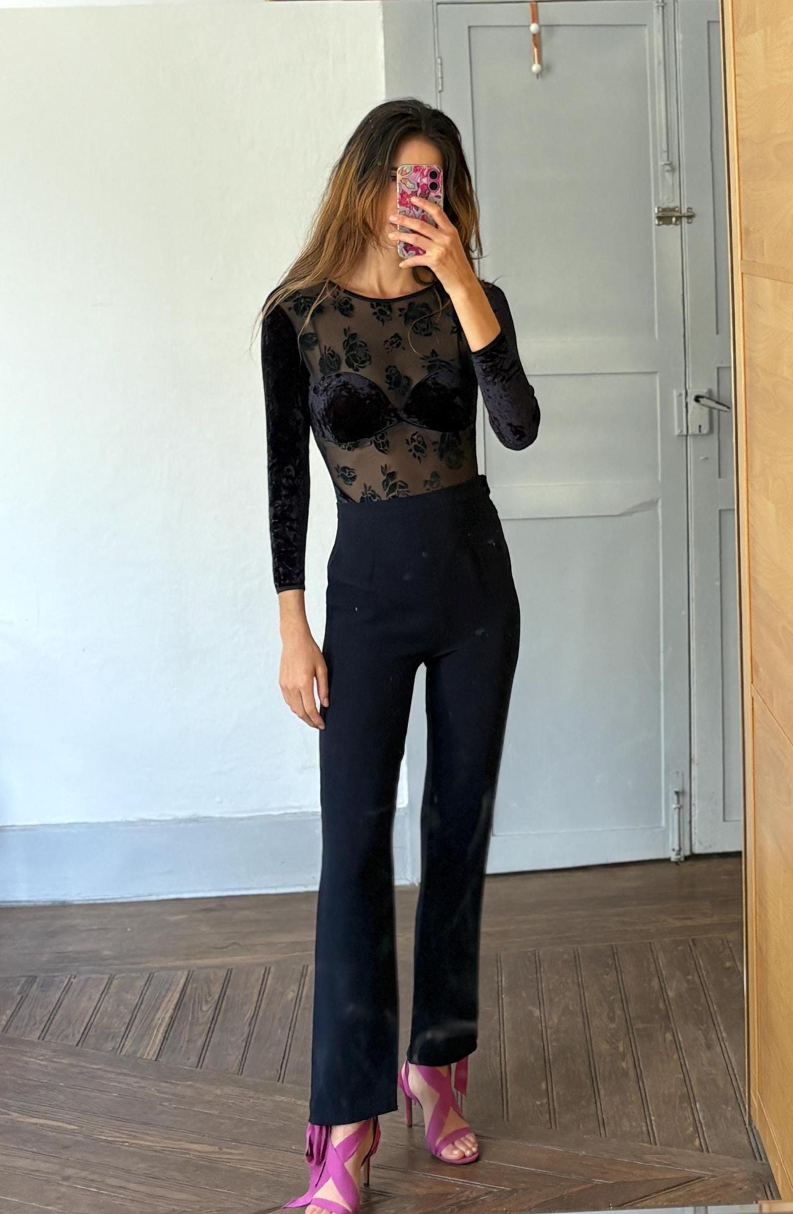 Vintage sheer velvet bodysuit, floral mesh see-through, long sleeve, black Made in Italy, sexy fitted body, size S, elegant ocassion