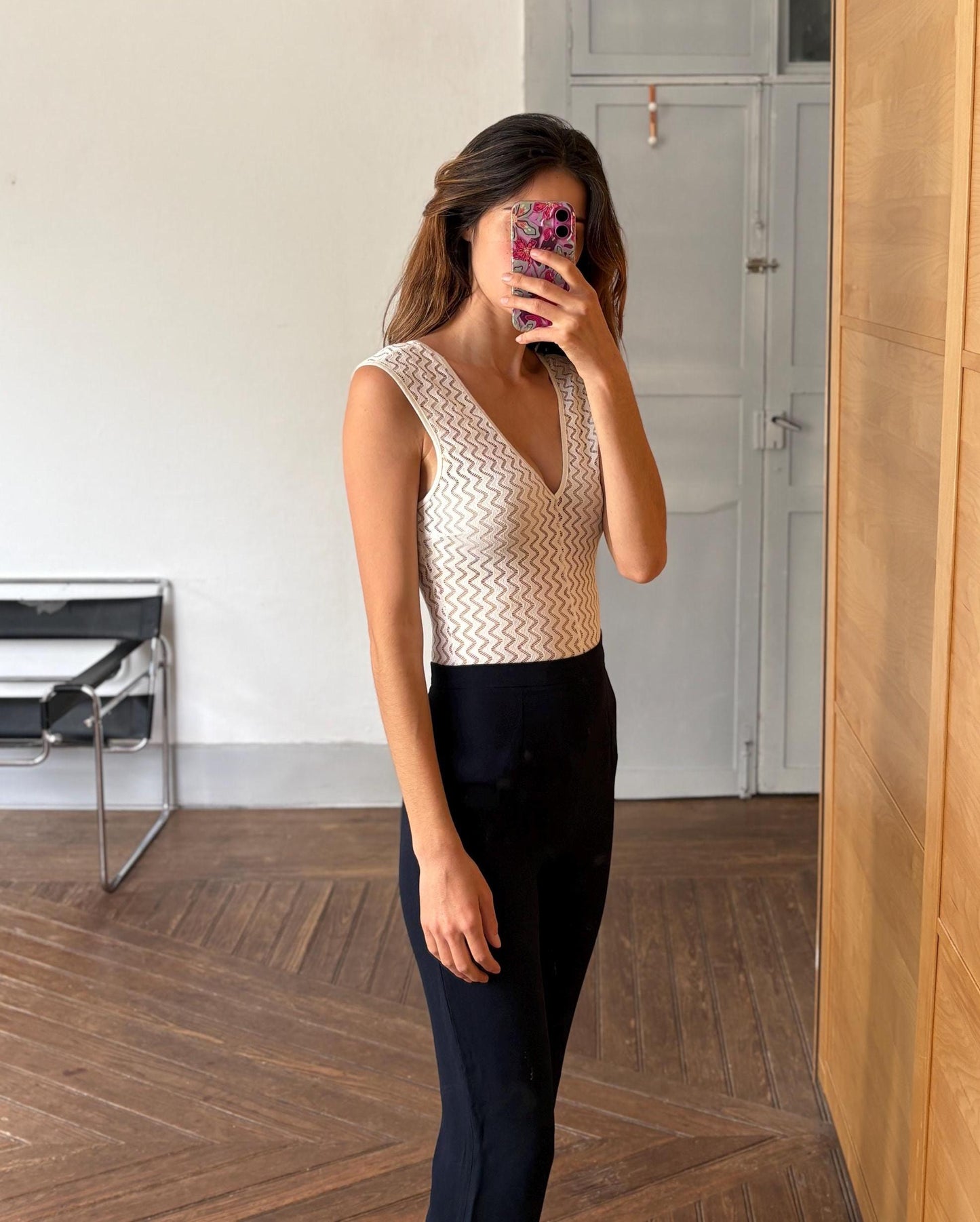 Vintage white sheer bodysuit, zigzag mesh, deep V neckline, sleeveless, sexy fitted look, used lingerie, size XS/S