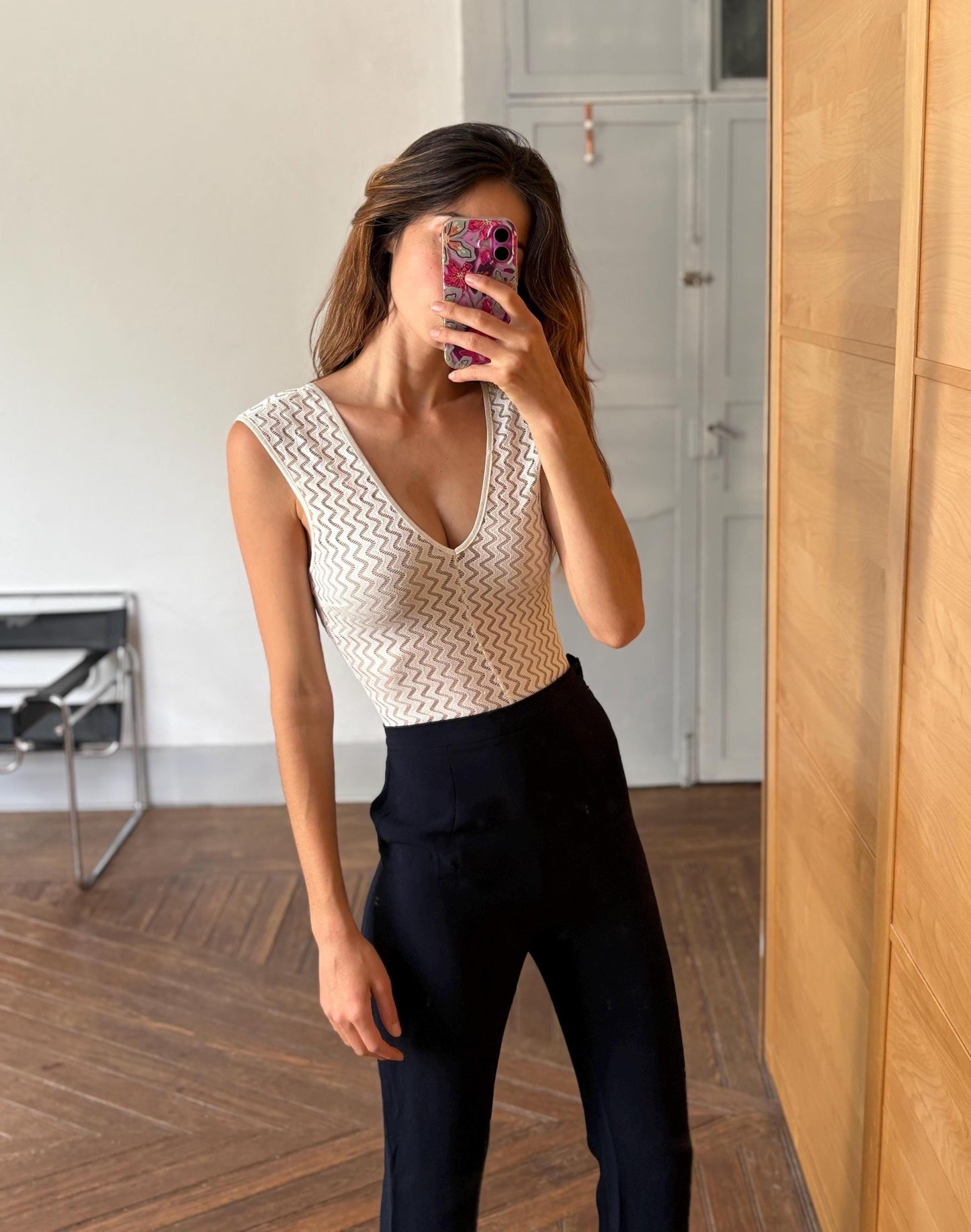 Vintage white sheer bodysuit, zigzag mesh, deep V neckline, sleeveless, sexy fitted look, used lingerie, size XS/S