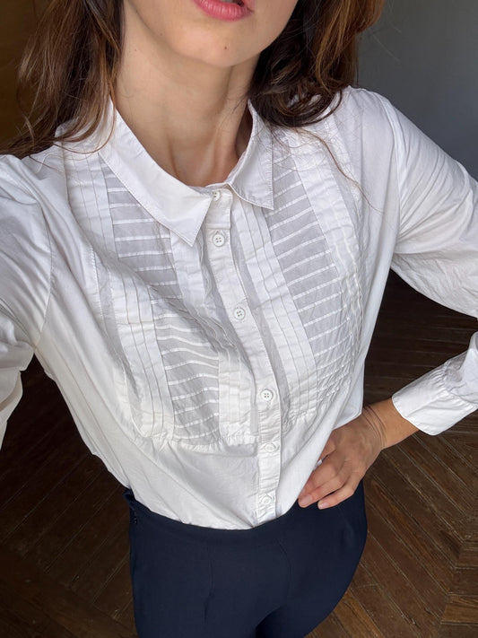 Vintage white button up cotton blouse, Cottage core shirt, Long sleeve dark academia oxford shirt, Formal work wear style, Size M