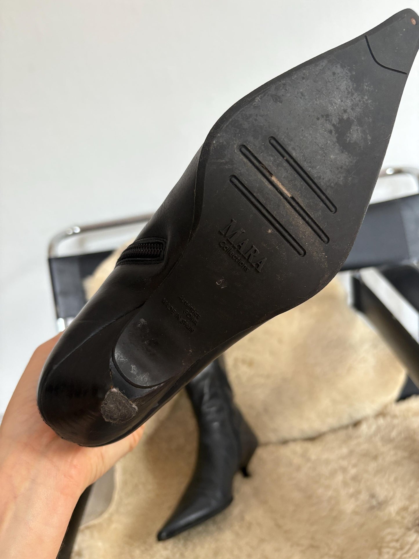 Vintage Black Pointed Toe Knee High Boots, Gothic Western Cutout Detailing, Kitten Heel Boots, Vegan Friendly, 90s Y2K Alternative Fashion