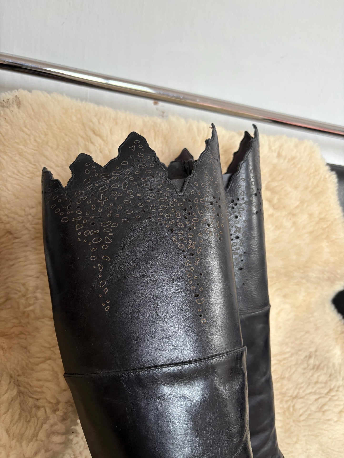 Vintage Black Pointed Toe Knee High Boots, Gothic Western Cutout Detailing, Kitten Heel Boots, Vegan Friendly, 90s Y2K Alternative Fashion