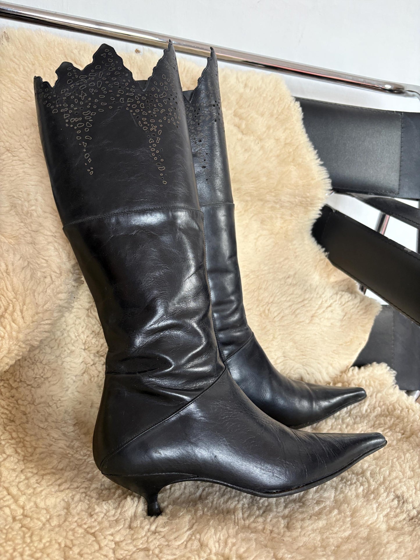 Vintage Black Pointed Toe Knee High Boots, Gothic Western Cutout Detailing, Kitten Heel Boots, Vegan Friendly, 90s Y2K Alternative Fashion