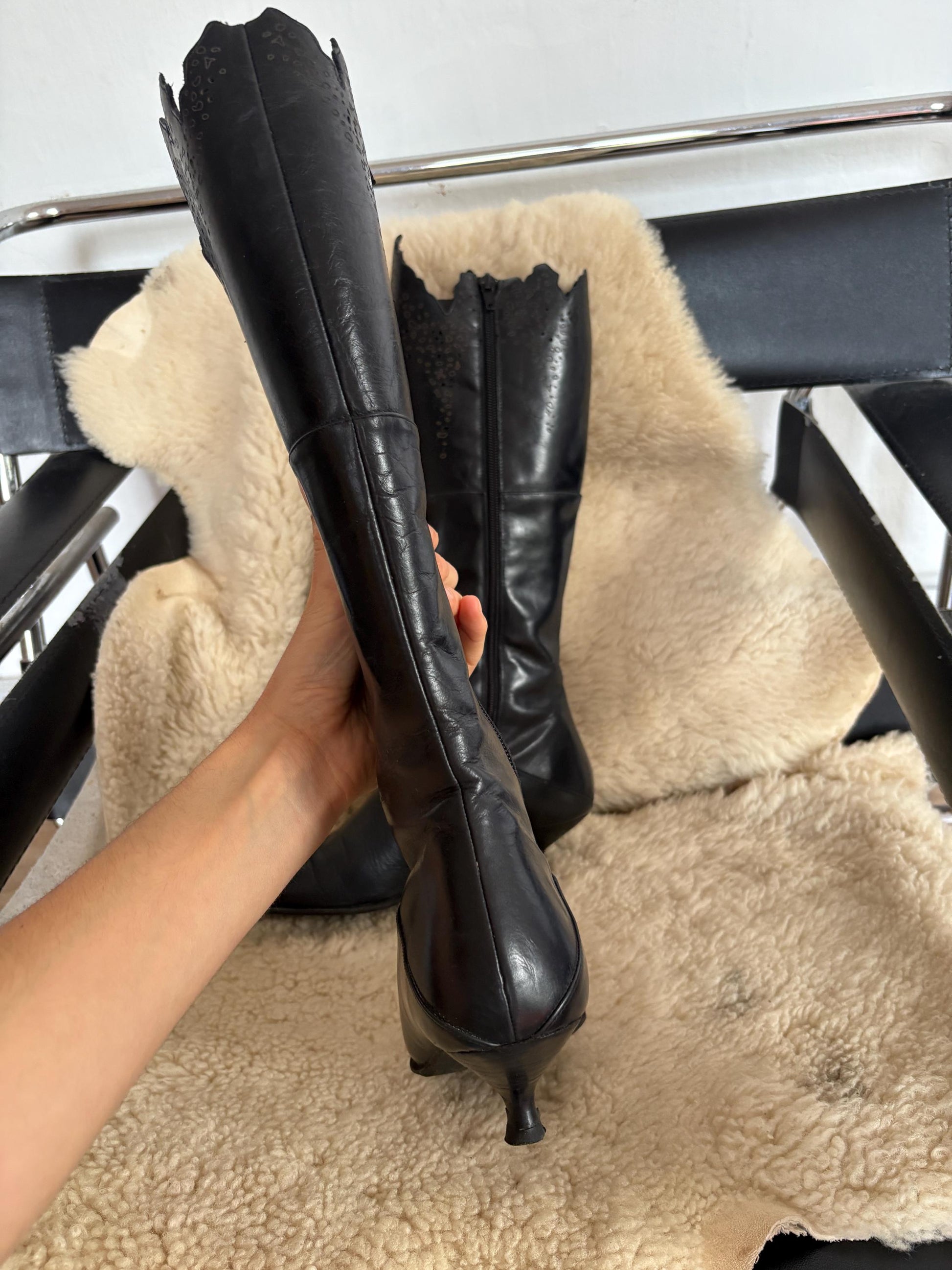 Vintage Black Pointed Toe Knee High Boots, Gothic Western Cutout Detailing, Kitten Heel Boots, Vegan Friendly, 90s Y2K Alternative Fashion