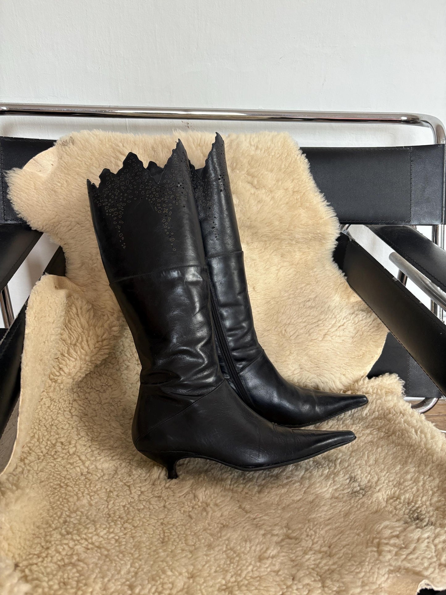 Vintage Black Pointed Toe Knee High Boots, Gothic Western Cutout Detailing, Kitten Heel Boots, Vegan Friendly, 90s Y2K Alternative Fashion