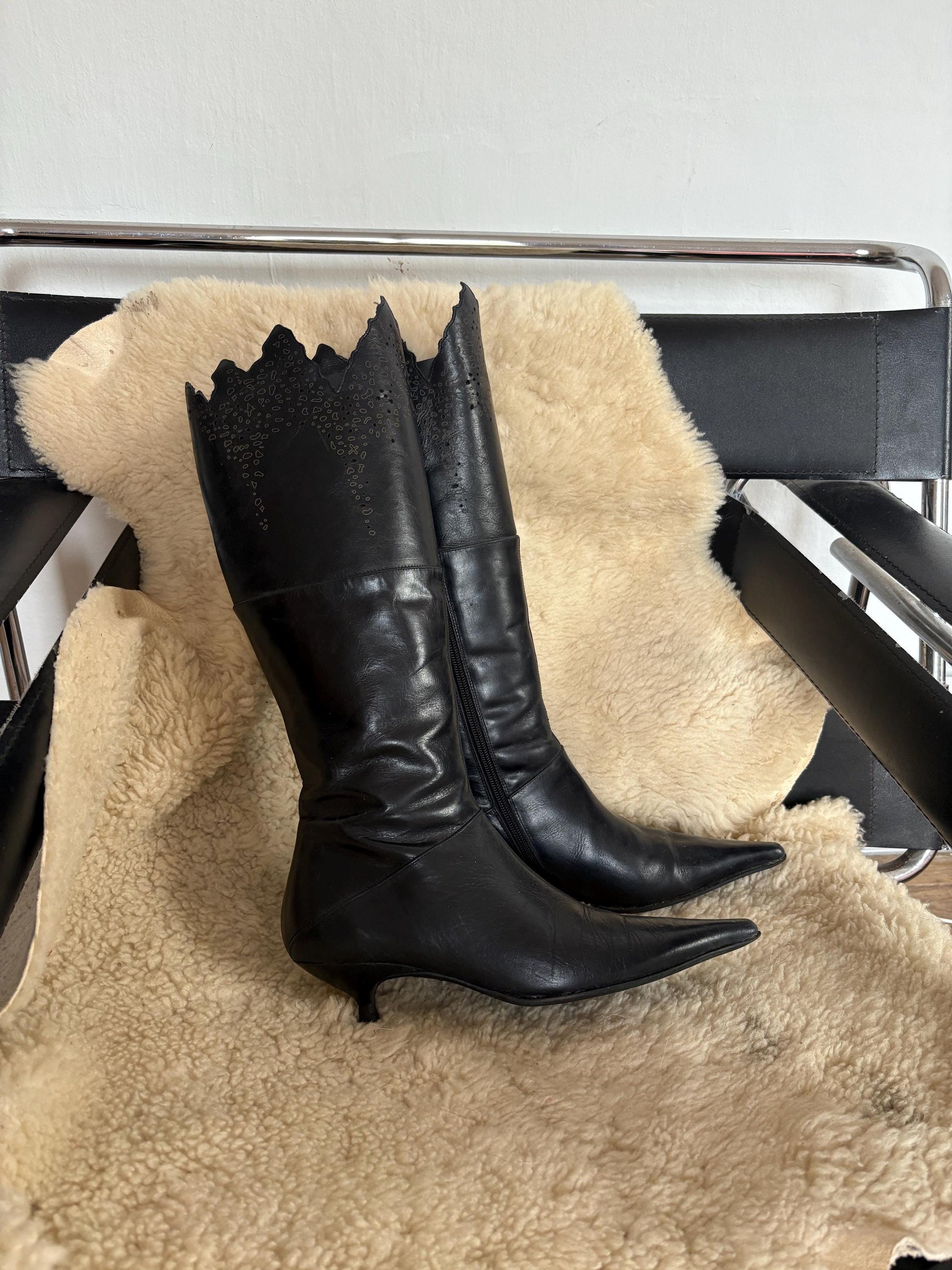 Vintage Black Pointed Toe Knee High Boots, Gothic Western Cutout Detailing, Kitten Heel Boots, Vegan Friendly, 90s Y2K Alternative Fashion