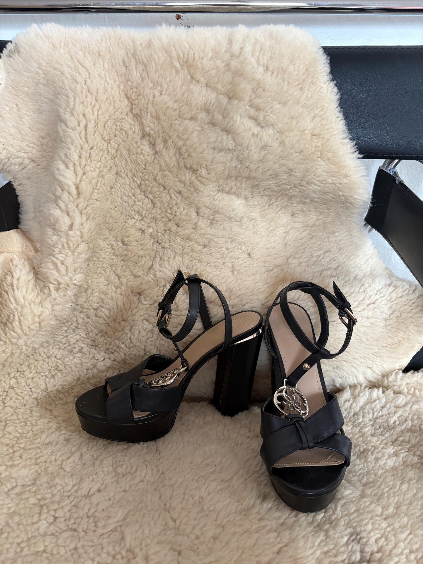 Vintage Guess Black Platform Heels, 2000s Y2K Strappy Sandals, High Block Heels with Logo Charm, Party Evening Shoes, Size EU 37