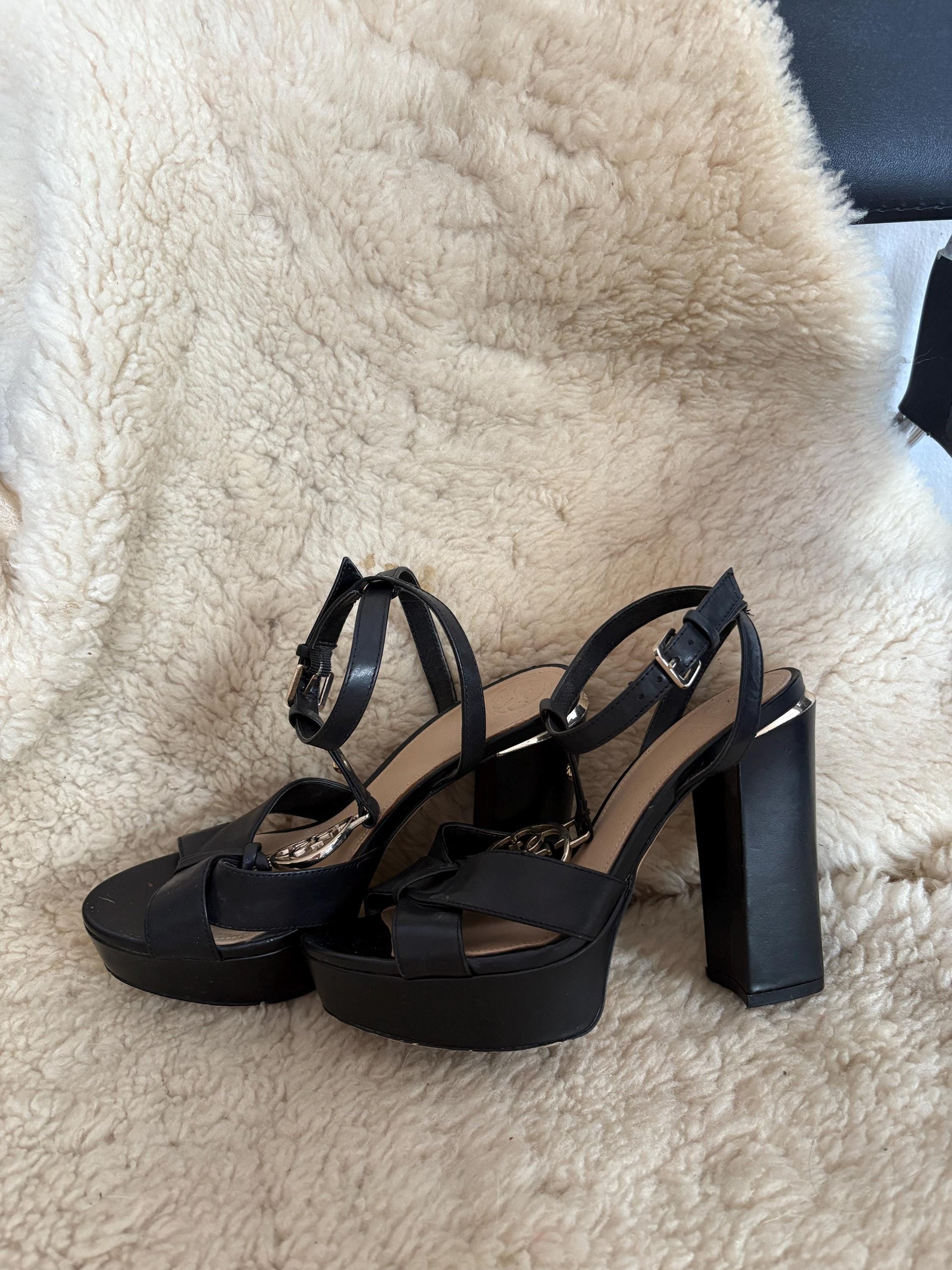 Vintage Guess Black Platform Heels, 2000s Y2K Strappy Sandals, High Block Heels with Logo Charm, Party Evening Shoes, Size EU 37