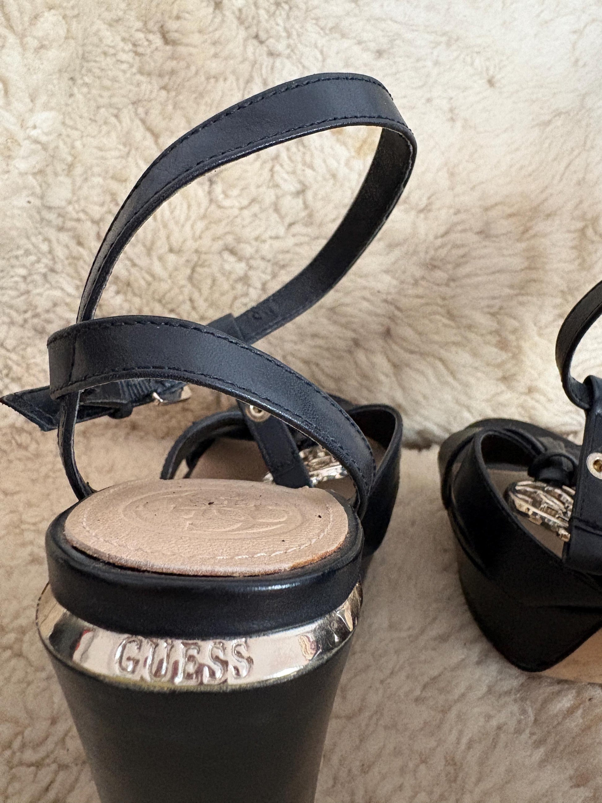 Vintage Guess Black Platform Heels, 2000s Y2K Strappy Sandals, High Block Heels with Logo Charm, Party Evening Shoes, Size EU 37
