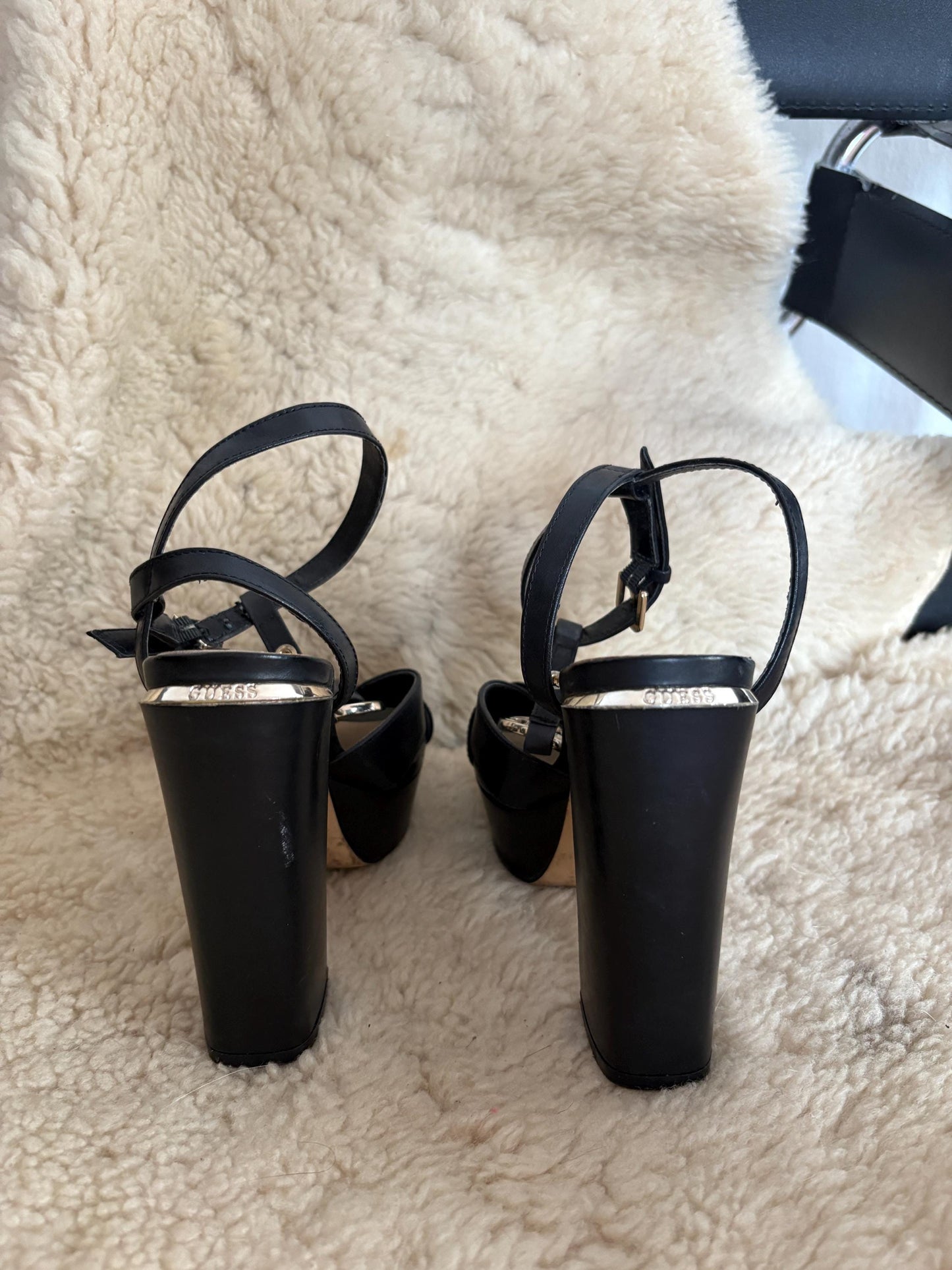 Vintage Guess Black Platform Heels, 2000s Y2K Strappy Sandals, High Block Heels with Logo Charm, Party Evening Shoes, Size EU 37