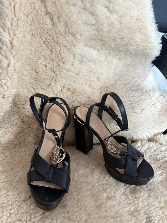 Vintage Guess Black Platform Heels, 2000s Y2K Strappy Sandals, High Block Heels with Logo Charm, Party Evening Shoes, Size EU 37