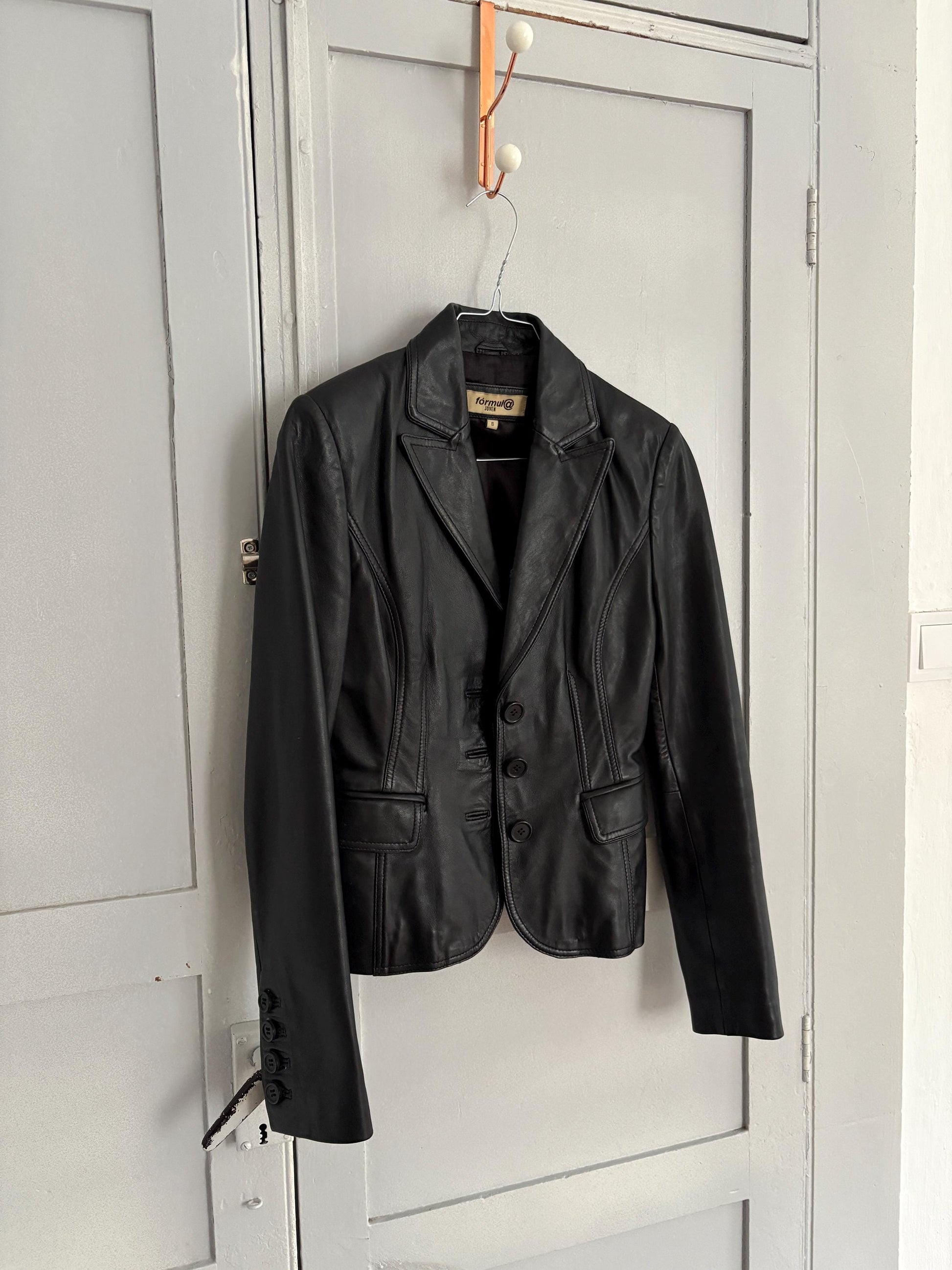 Vintage Black Leather Blazer, Tailored Y2K Moto-Inspired Jacket, Size XS - S