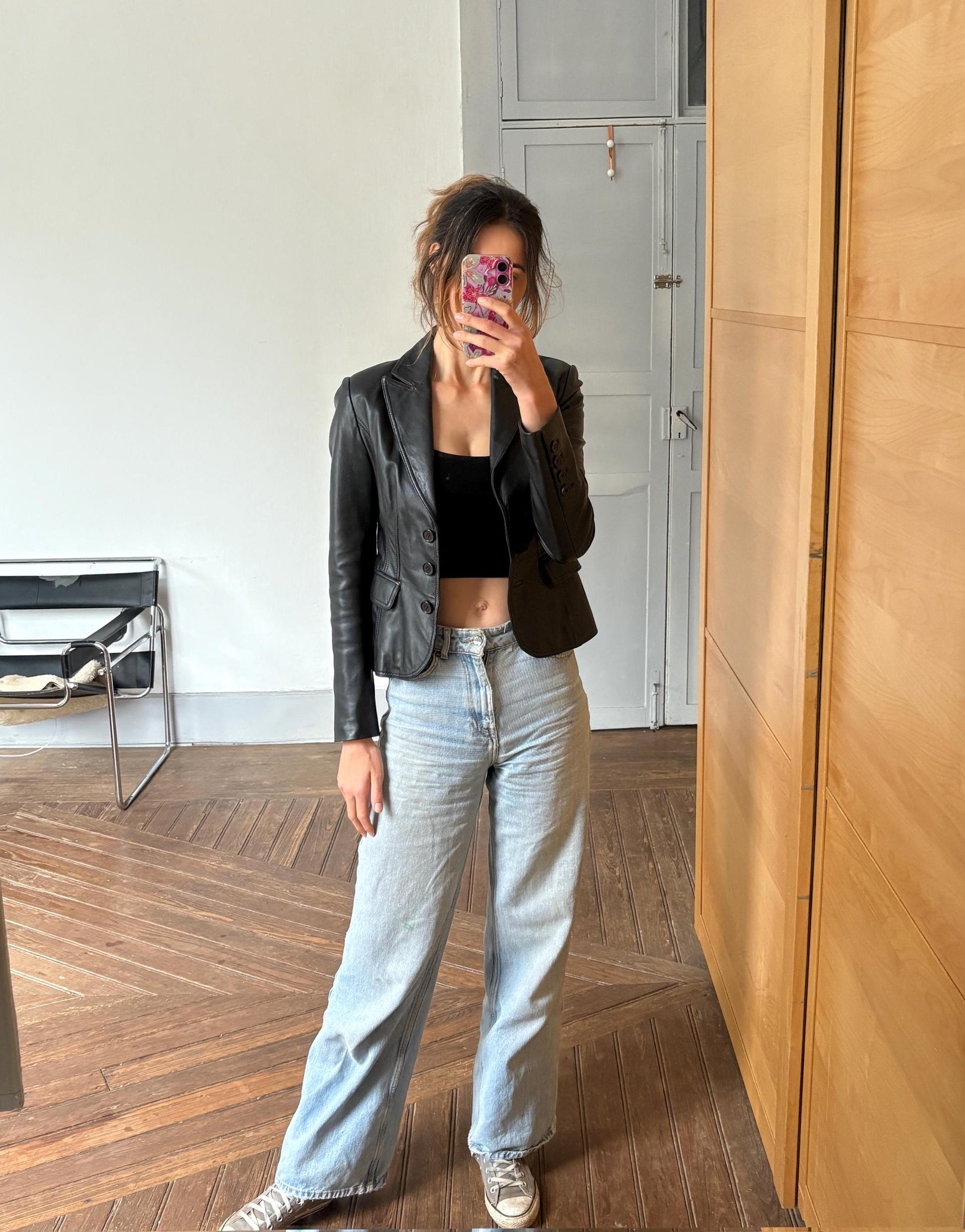 Vintage Black Leather Blazer, Tailored Y2K Moto-Inspired Jacket, Size XS - S