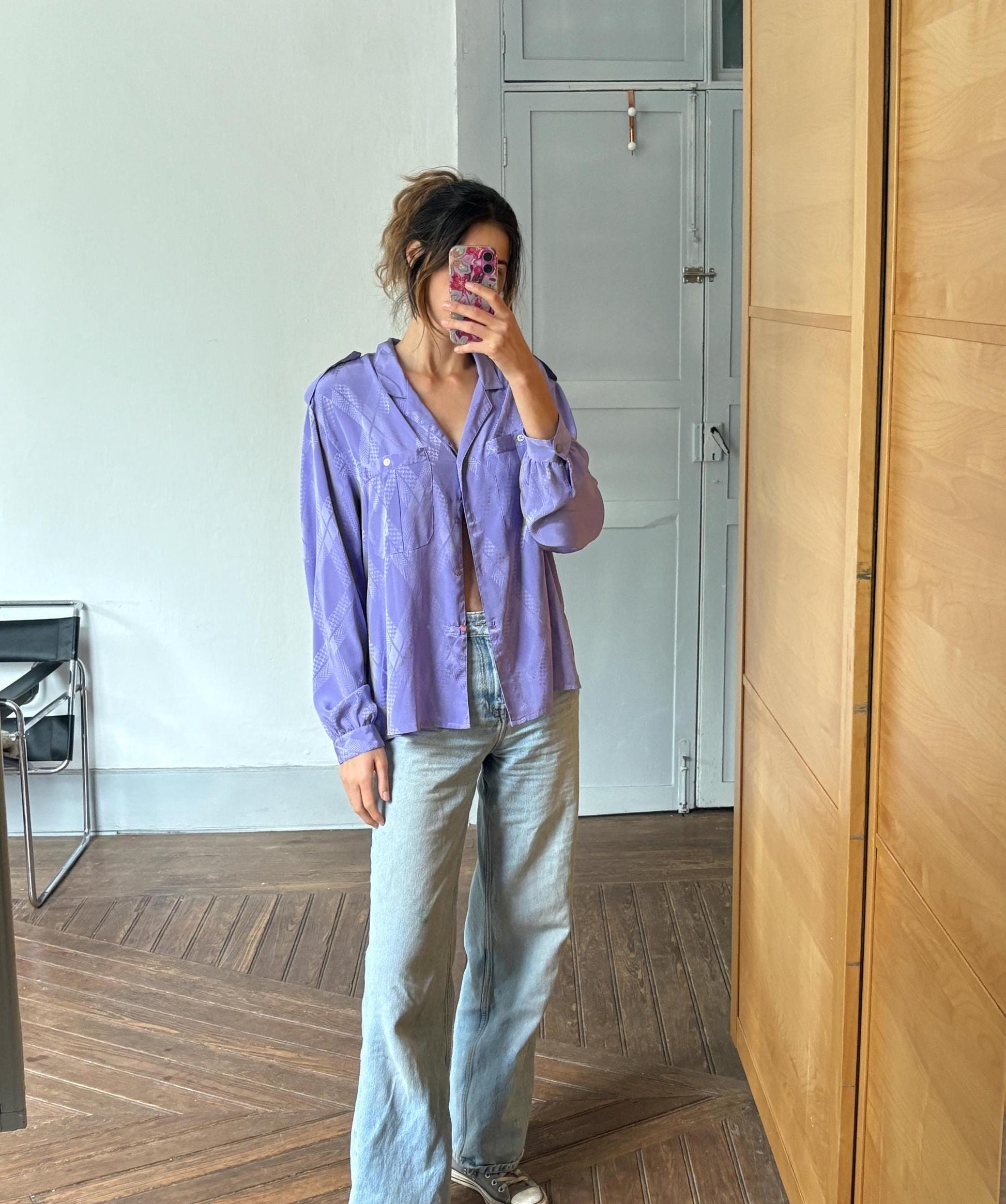 Y2K Oversized Purple Satin Button-Down Shirt — back view