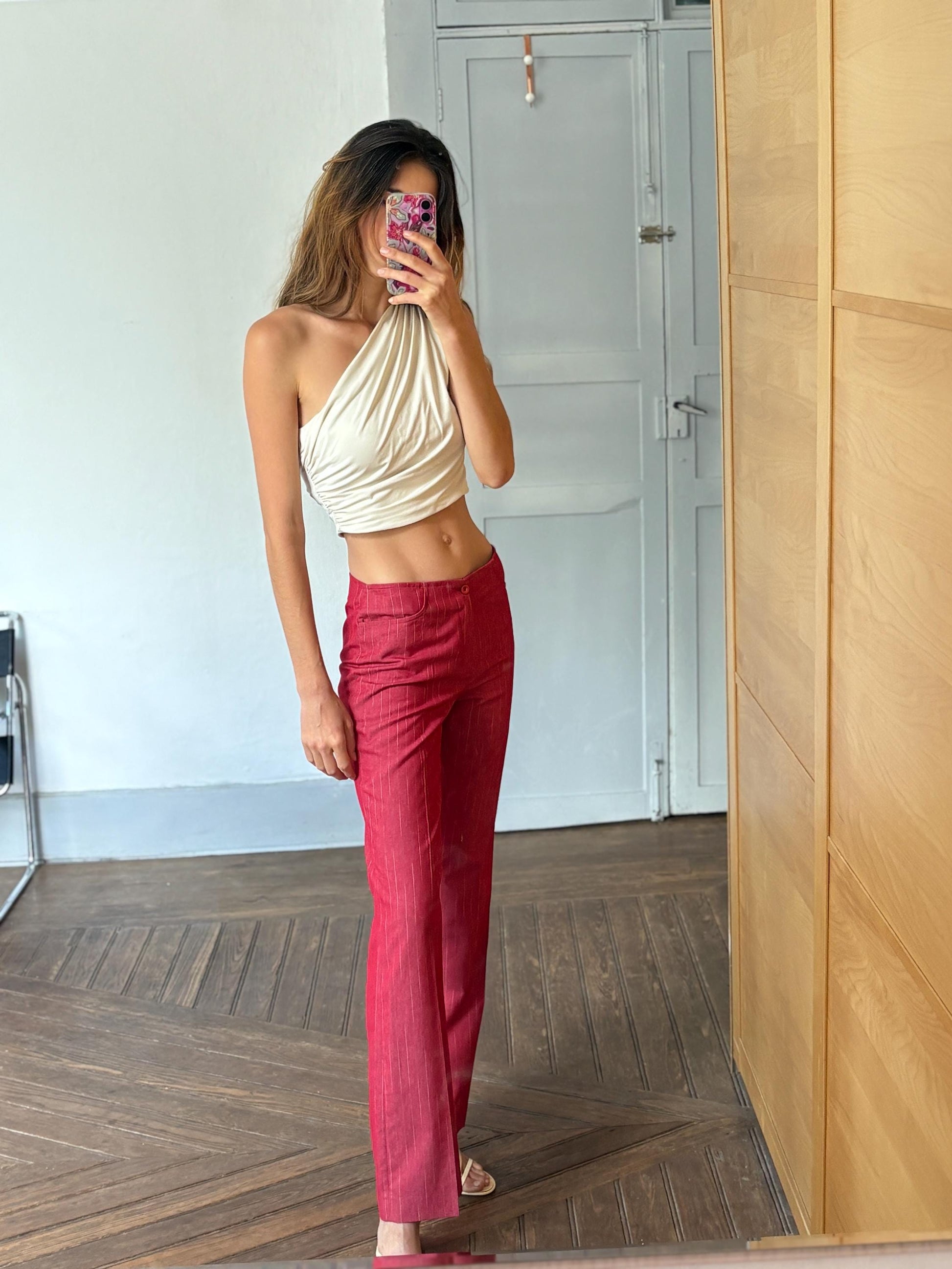 Vintage pinstripe pants, Unique statement clothing, Retro luxury red trousers, Elegant 2000s style high waist flared fit pants, Size M