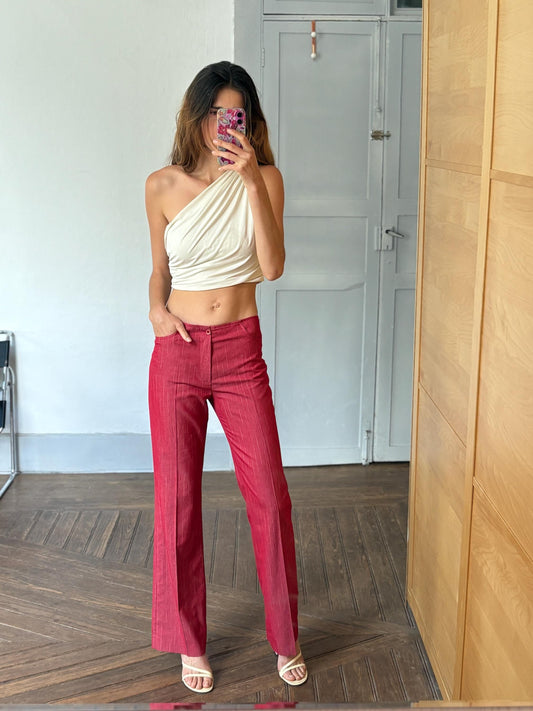 Vintage pinstripe pants, Unique statement clothing, Retro luxury red trousers, Elegant 2000s style high waist flared fit pants, Size M