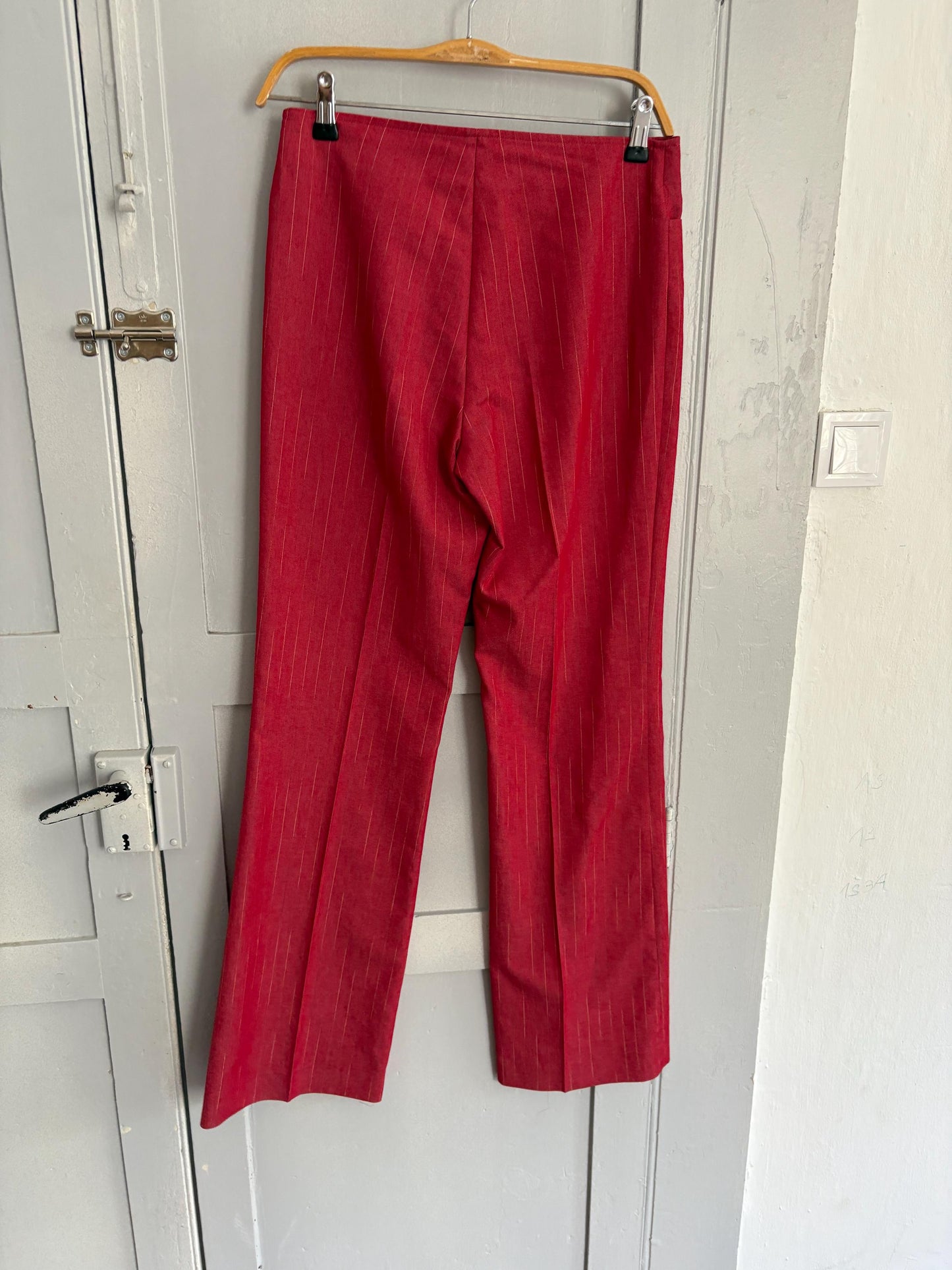 Vintage pinstripe pants, Unique statement clothing, Retro luxury red trousers, Elegant 2000s style high waist flared fit pants, Size M
