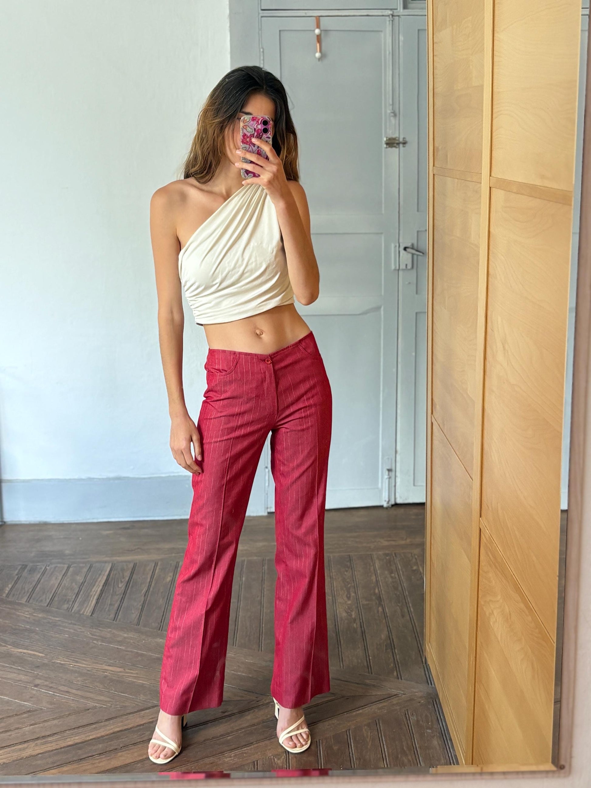 Vintage pinstripe pants, Unique statement clothing, Retro luxury red trousers, Elegant 2000s style high waist flared fit pants, Size M