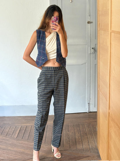 Vintage Plaid Wool Blend Trousers — fabric close-up