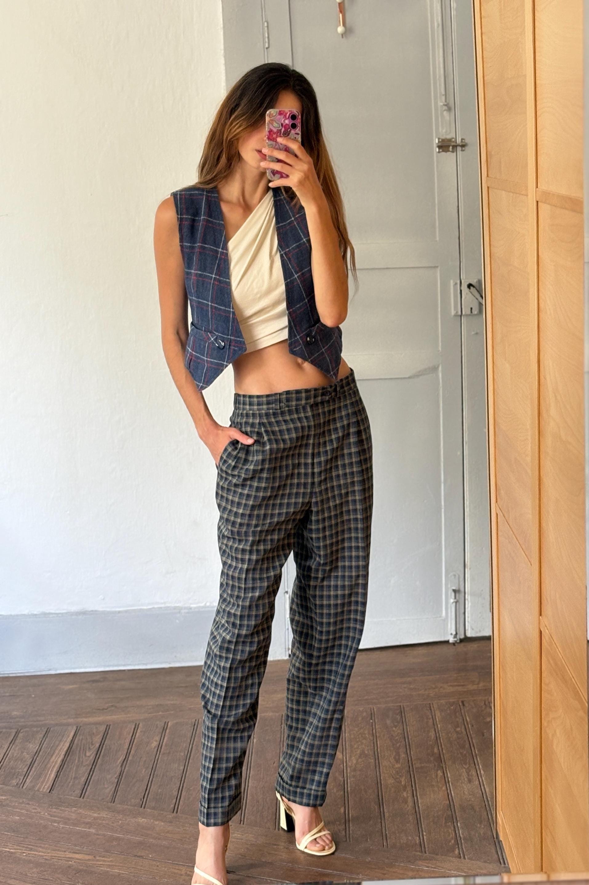 Vintage Brax plaid pants, Dark Academia trousers, Peek and Cloppenburg linen wool blend winter pants, Size XL - EU 44 - 46