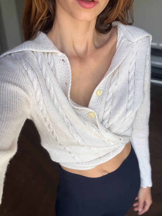 Romantic Cottage core vest, Off white Secondhand crop top bolero in soft knit cream twist front layering piece cardigan, Size S