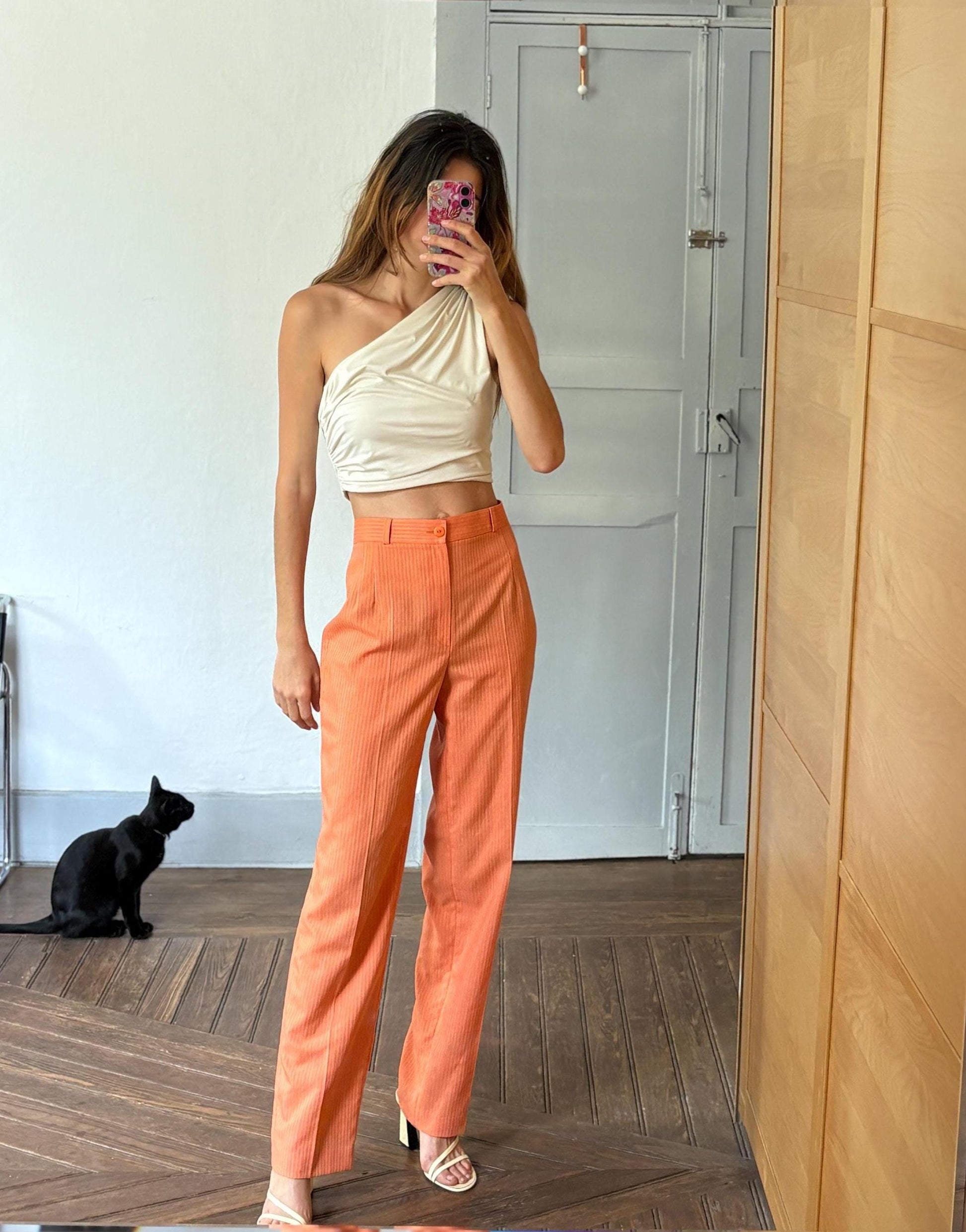 vintage orange pants, Bold pinstripe trousers, Wool blend spring outfit, Luxe statement trousers, Colourful vibrant retro pants