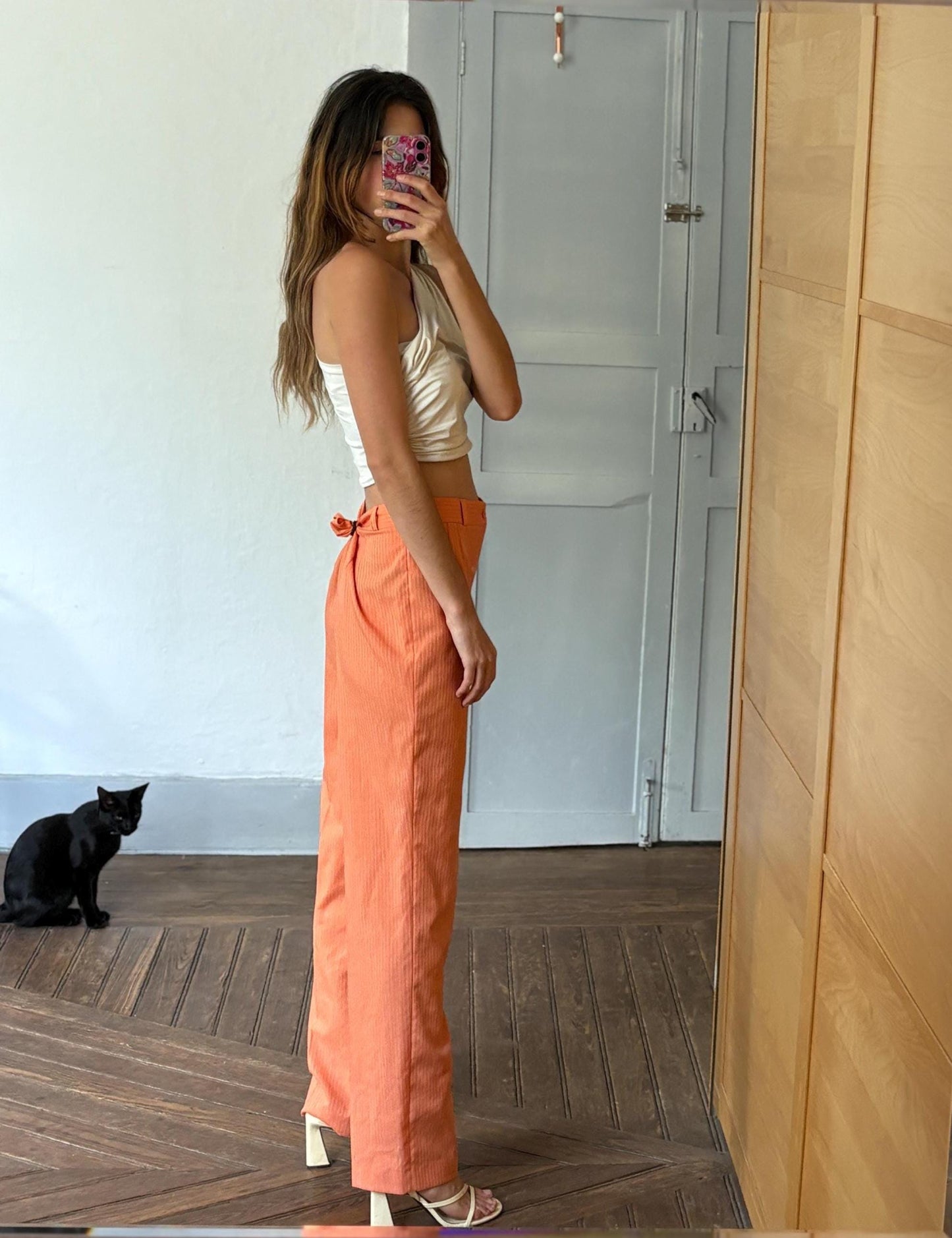 vintage orange pants, Bold pinstripe trousers, Wool blend spring outfit, Luxe statement trousers, Colourful vibrant retro pants