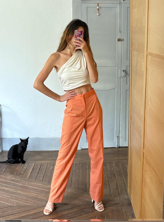 vintage orange pants, Bold pinstripe trousers, Wool blend spring outfit, Luxe statement trousers, Colourful vibrant retro pants