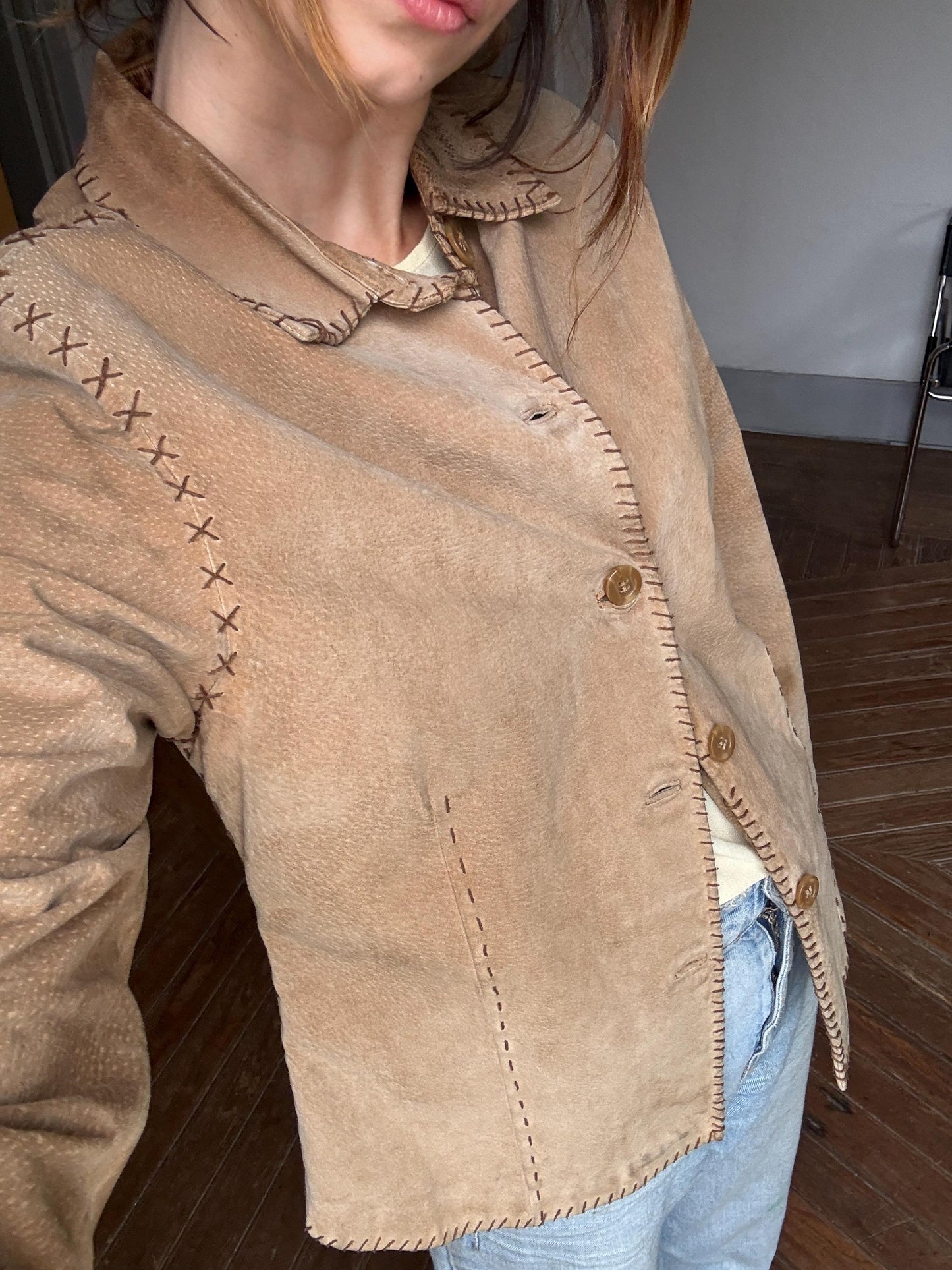 Vintage Brown - tan Leather Jacket – Genuine Pigskin Western Boho Blazer
