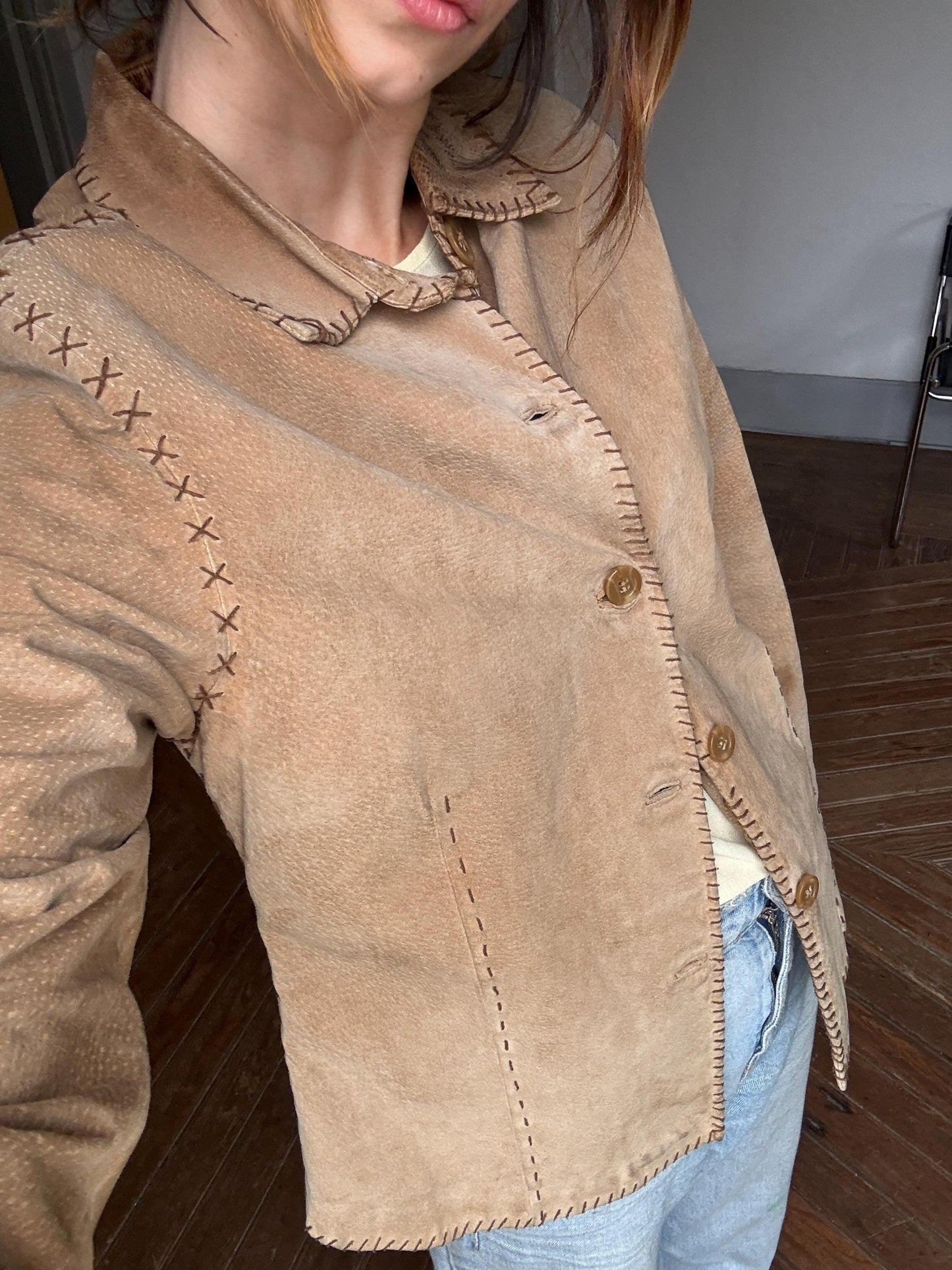 Vintage Tan Genuine Leather Jacket — fabric close-up