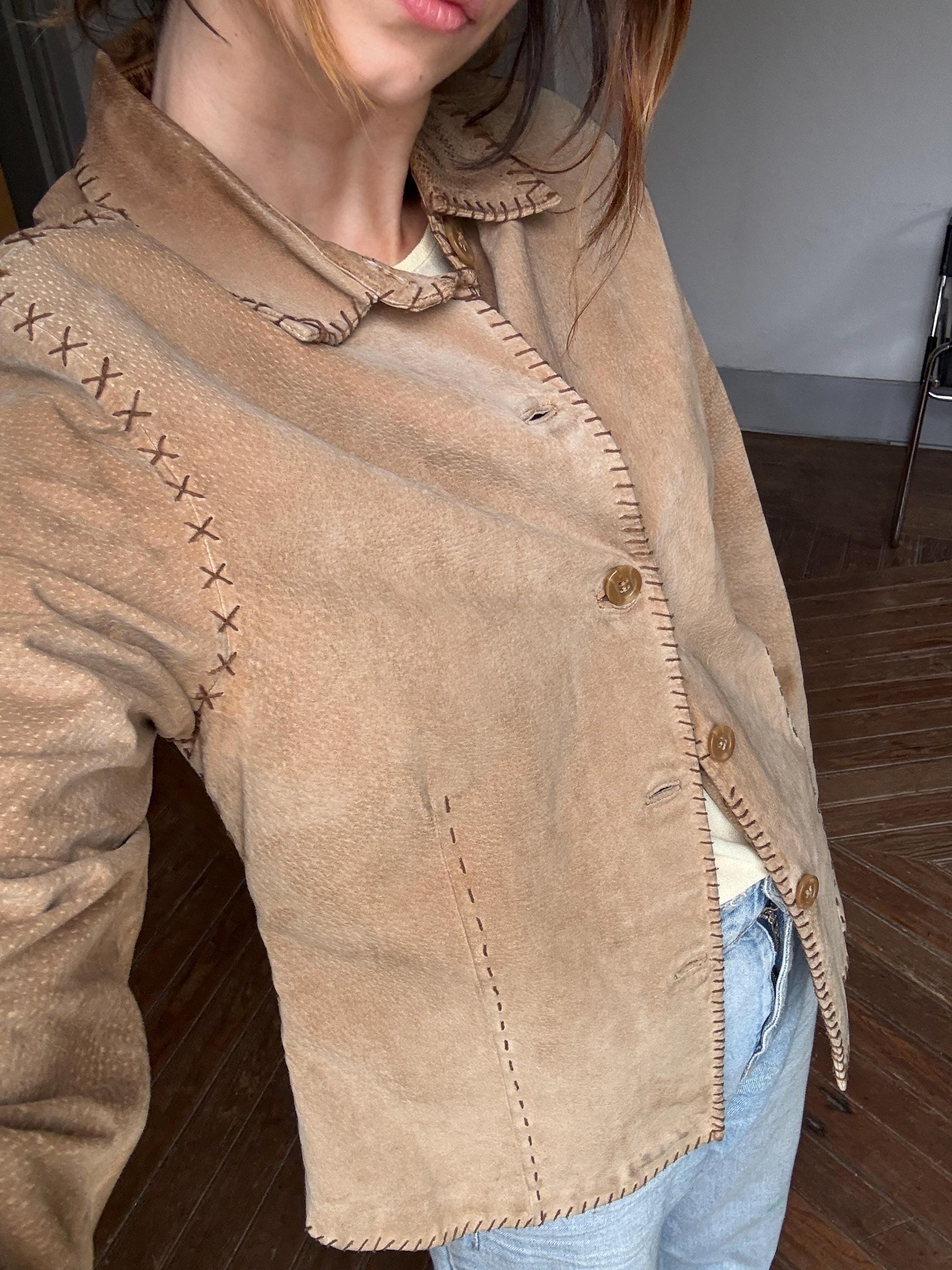 Vintage Tan Genuine Leather Jacket — fabric close-up