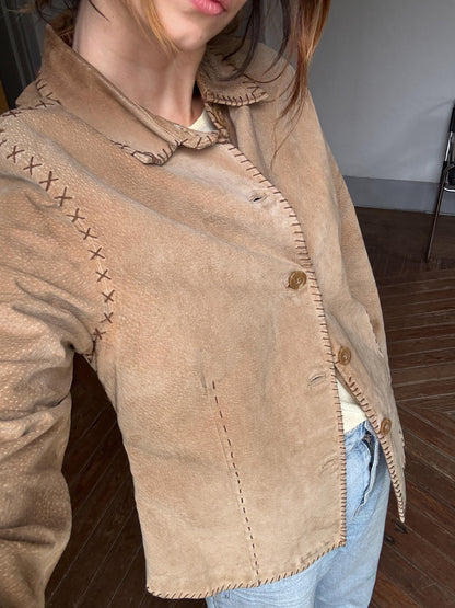 Vintage Tan Genuine Leather Jacket — fabric close-up