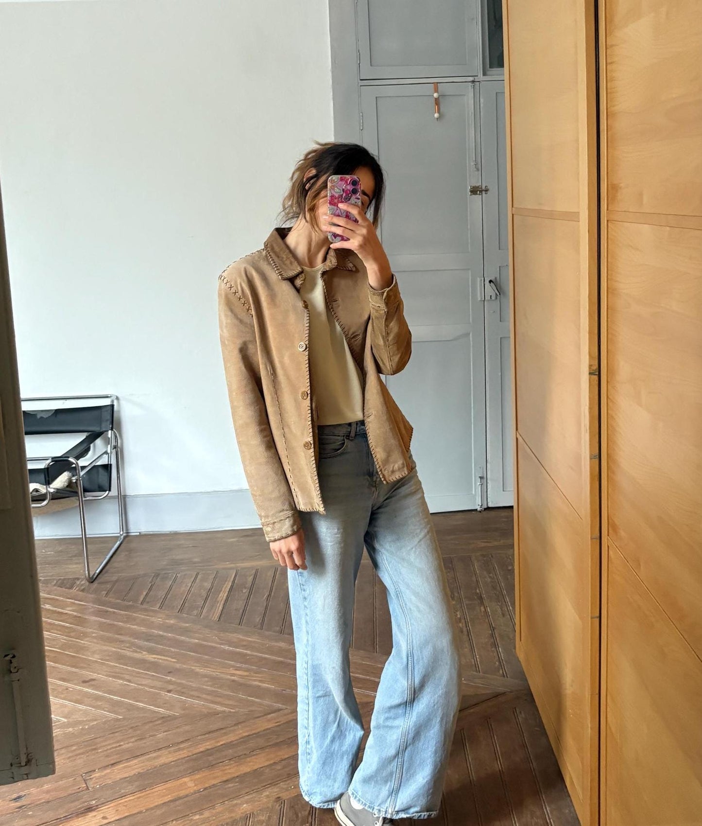 Vintage Tan Genuine Leather Jacket — back view