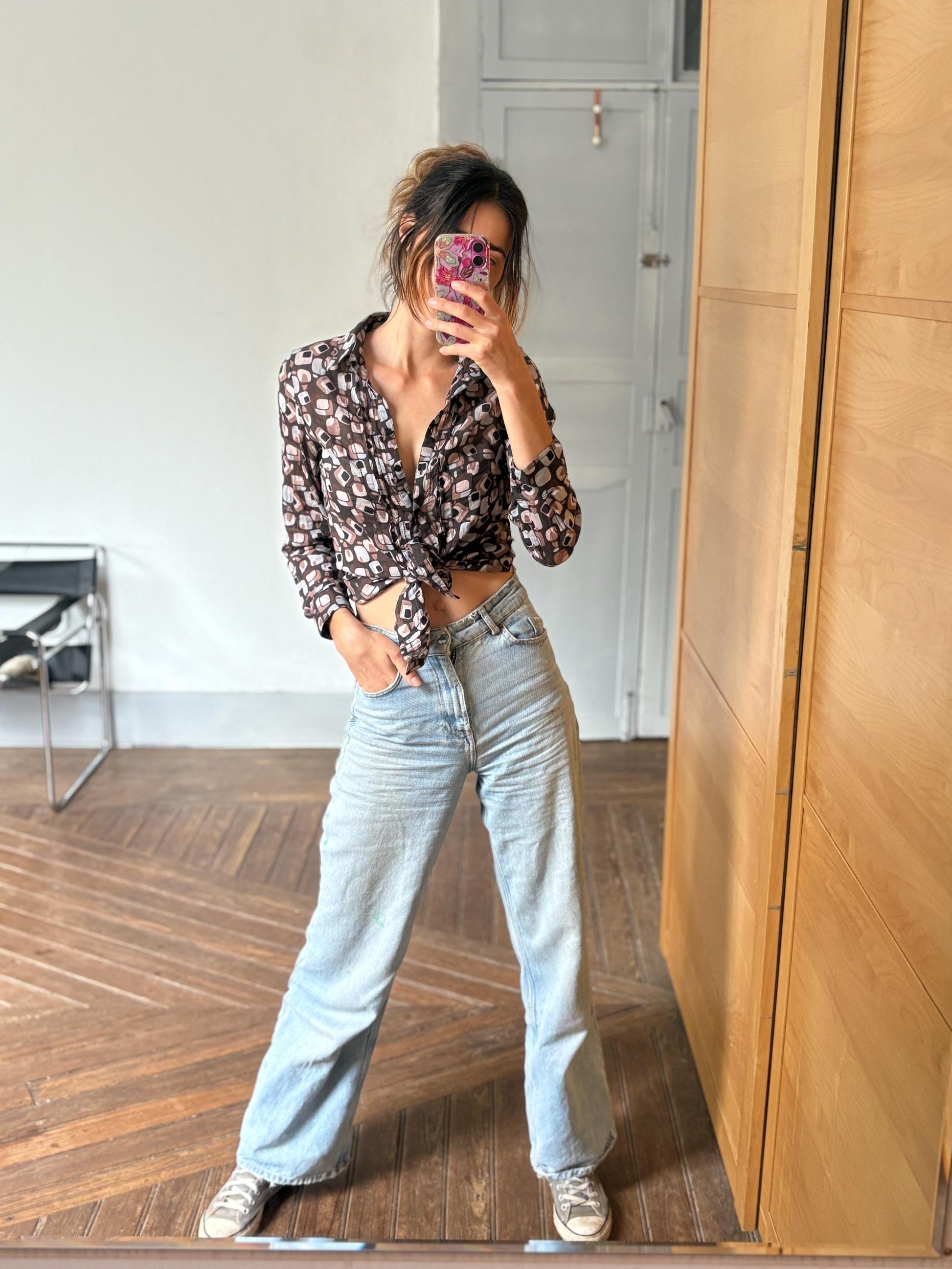 Vintage Sheer Cotton Button-Up Shirt – 70s Geometric Print Blouse, classic relaxed fit, breathable casual top, Size S