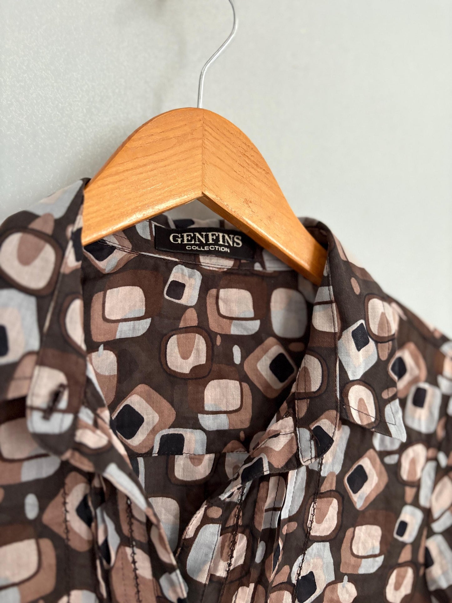 Vintage Sheer Cotton Button-Up Shirt – 70s Geometric Print Blouse, classic relaxed fit, breathable casual top, Size S