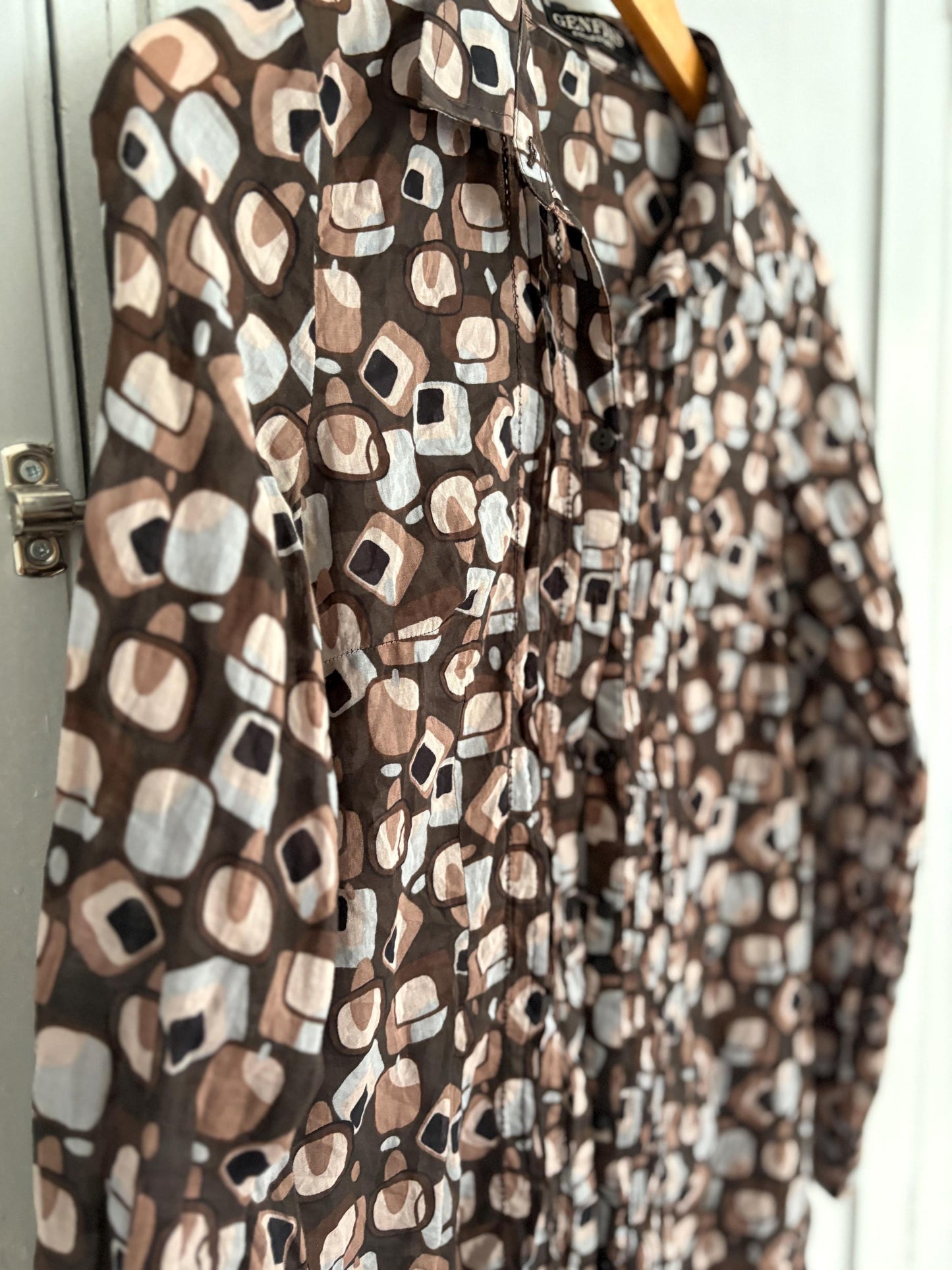 Vintage Sheer Cotton Button-Up Shirt – 70s Geometric Print Blouse, classic relaxed fit, breathable casual top, Size S