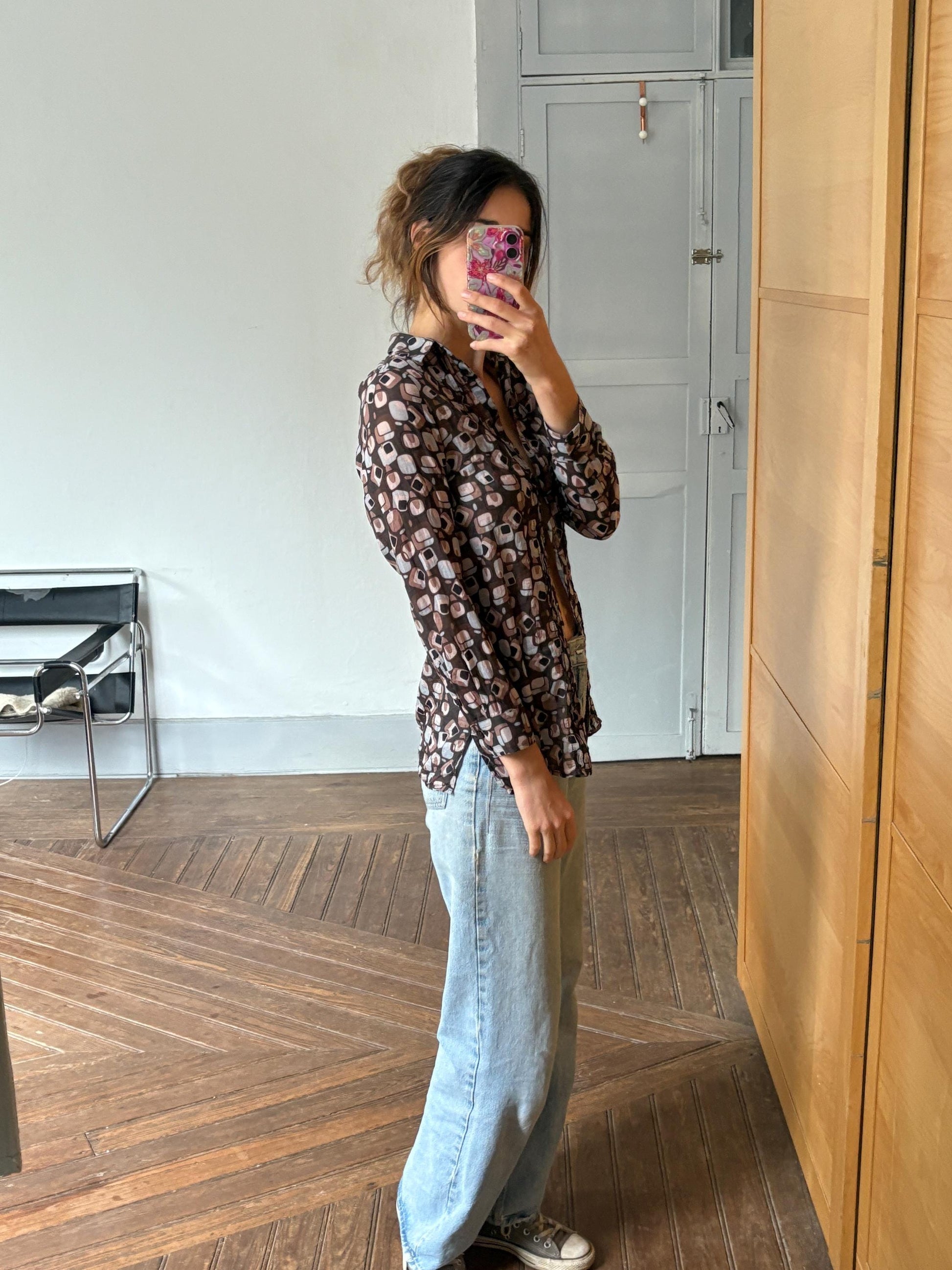 Vintage Sheer Cotton Button-Up Shirt – 70s Geometric Print Blouse, classic relaxed fit, breathable casual top, Size S