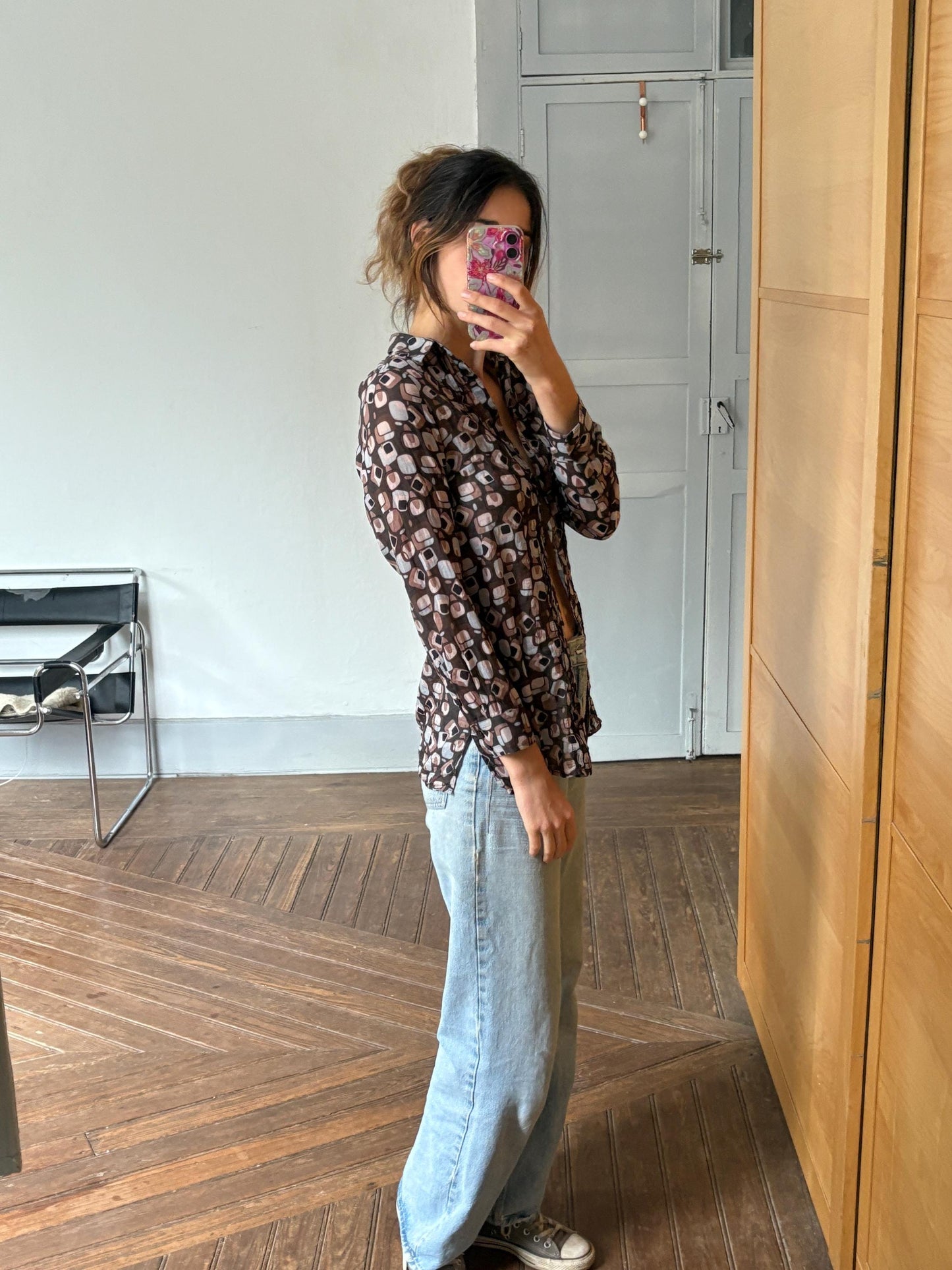 Vintage Sheer Cotton Button-Up Shirt – 70s Geometric Print Blouse, classic relaxed fit, breathable casual top, Size S