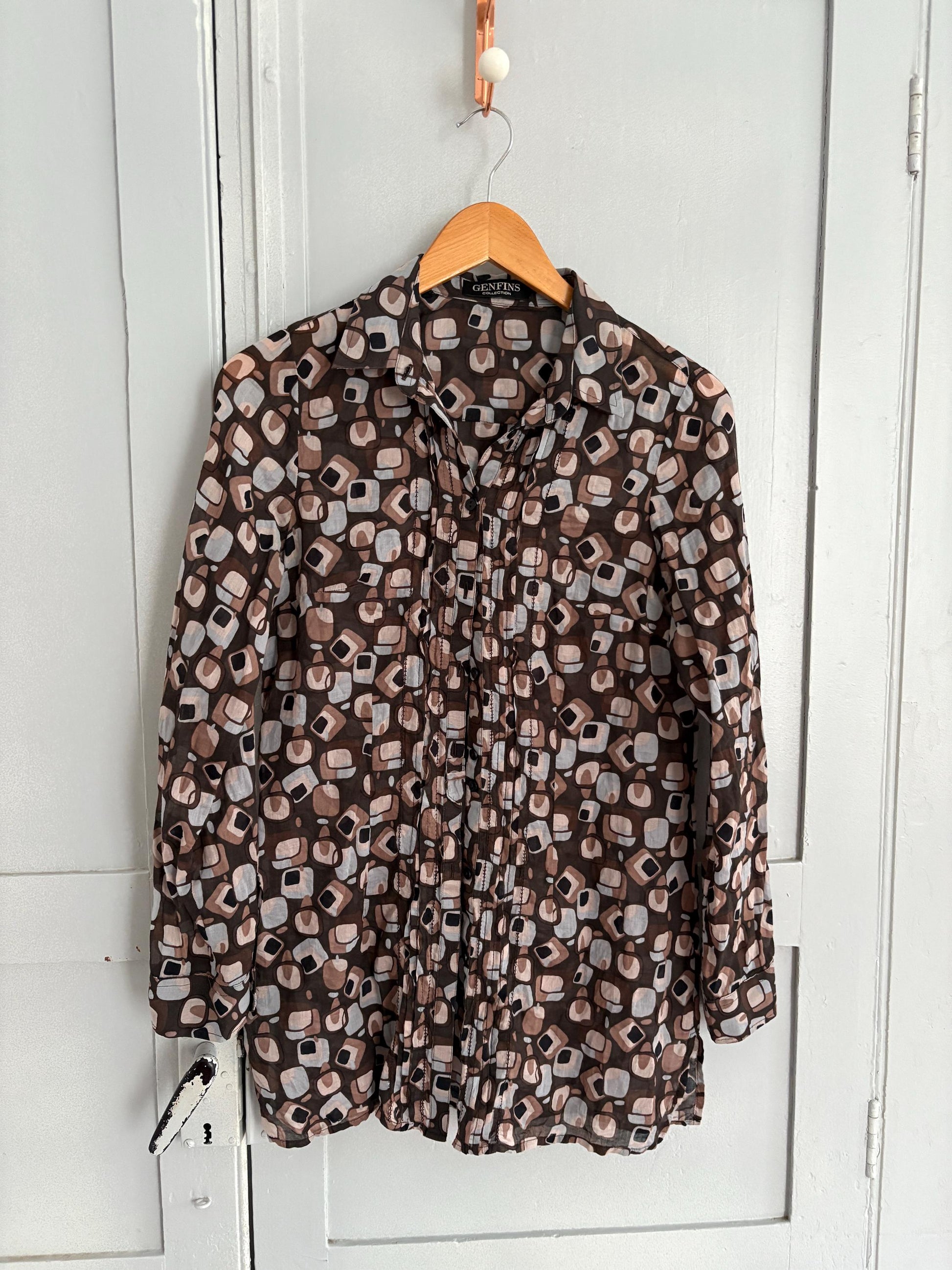 Vintage Sheer Cotton Button-Up Shirt – 70s Geometric Print Blouse, classic relaxed fit, breathable casual top, Size S