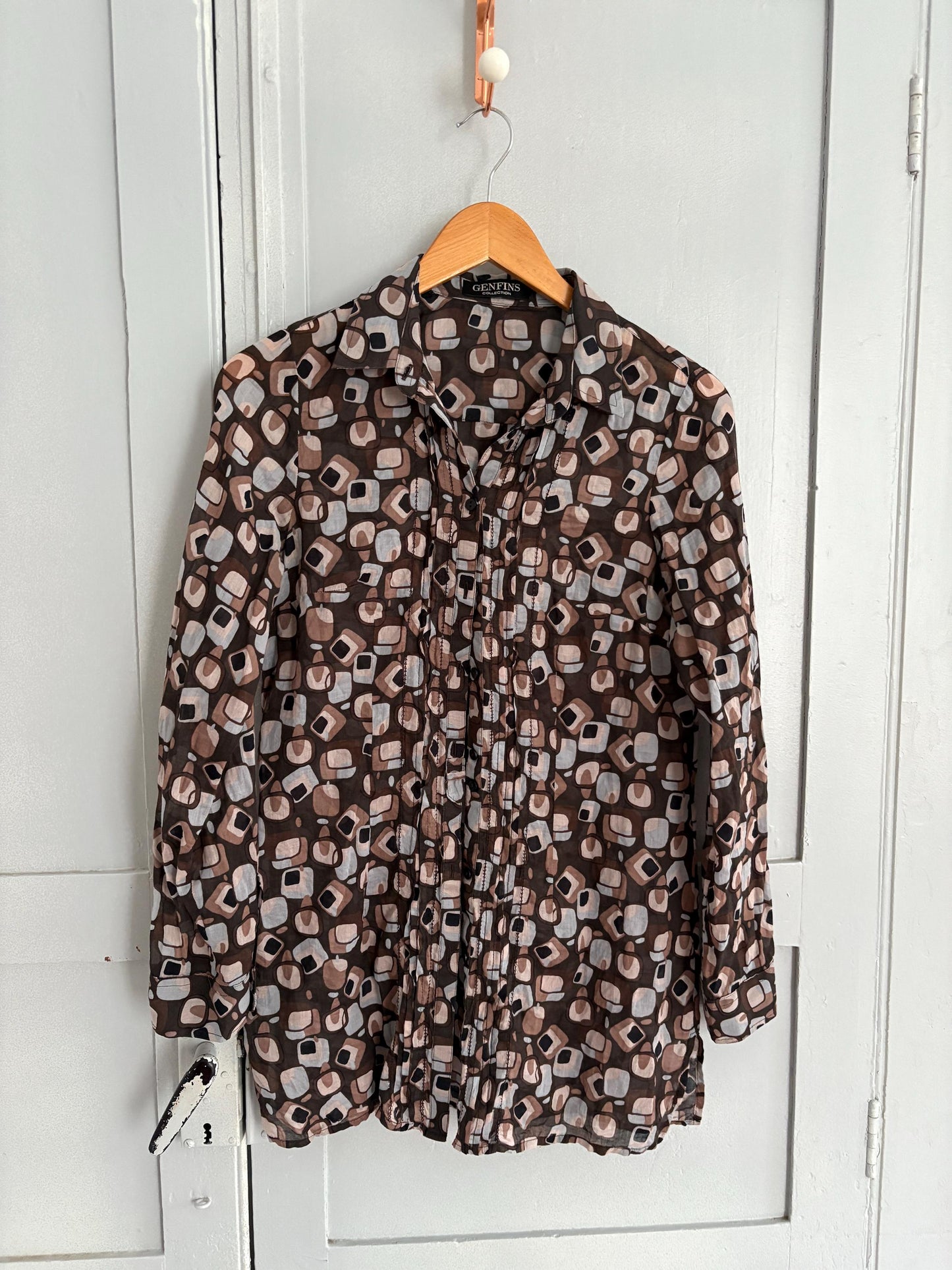 Vintage Sheer Cotton Button-Up Shirt – 70s Geometric Print Blouse, classic relaxed fit, breathable casual top, Size S