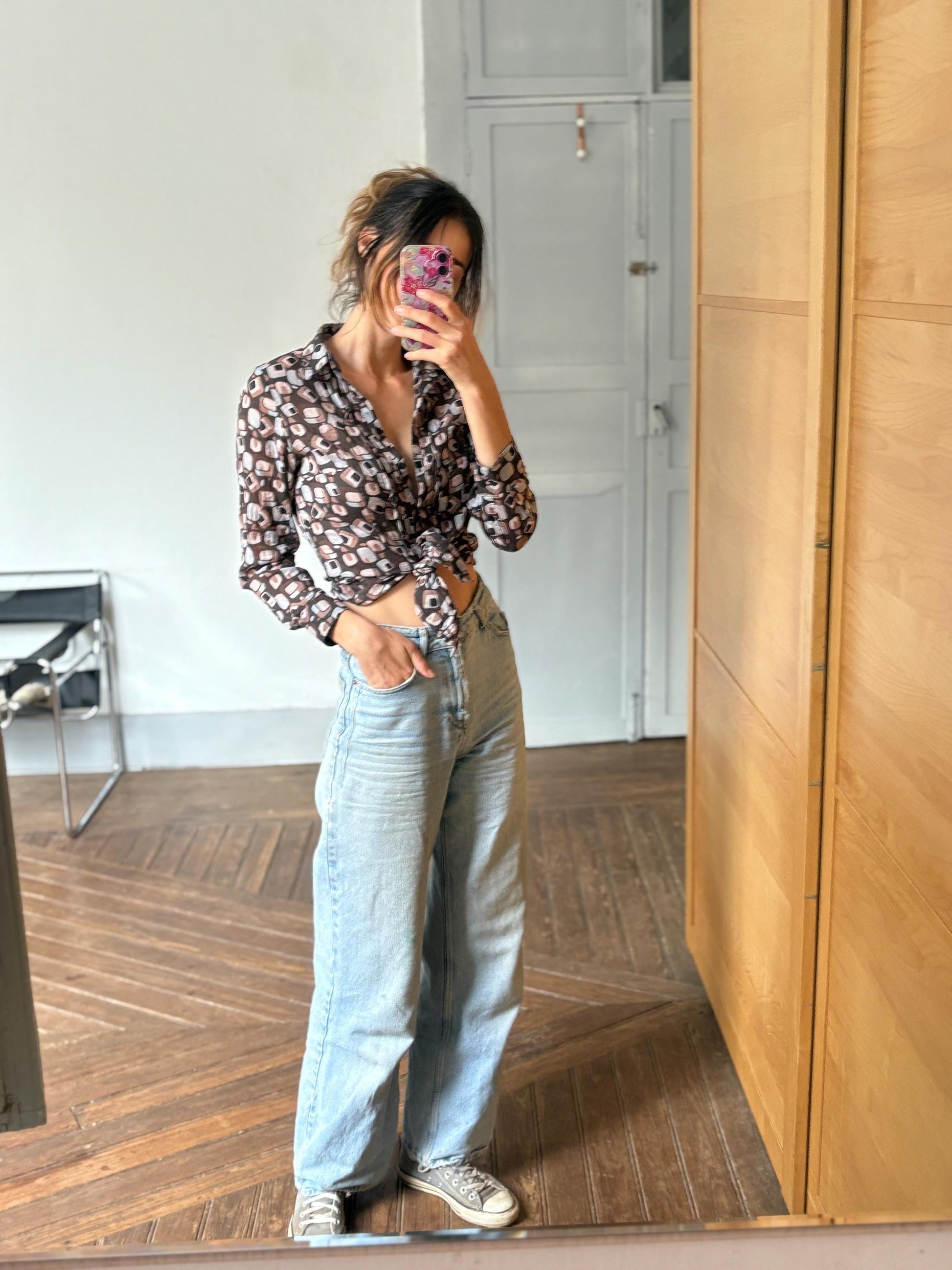 Vintage Sheer Cotton Button-Up Shirt – 70s Geometric Print Blouse, classic relaxed fit, breathable casual top, Size S