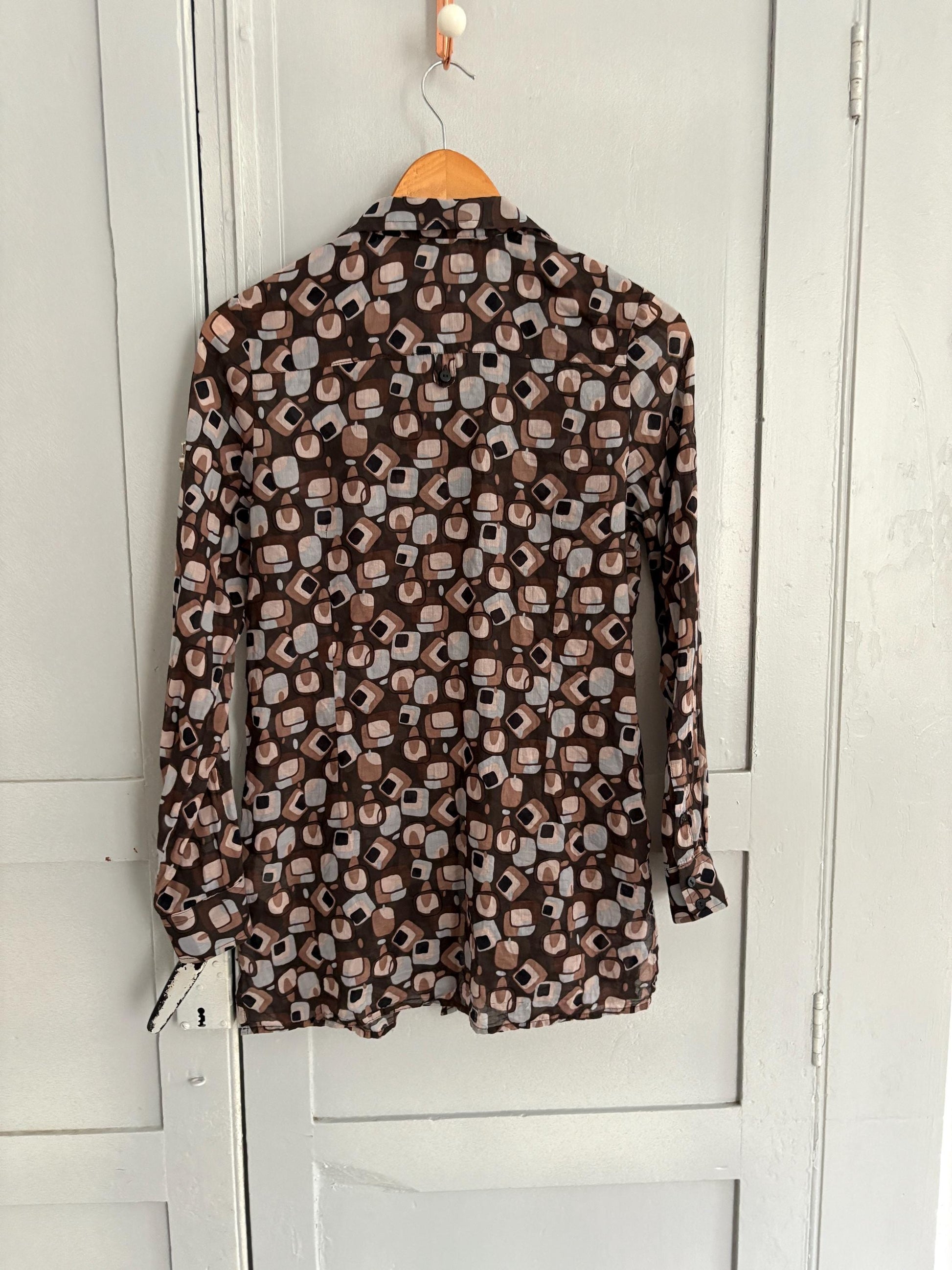 Vintage Sheer Cotton Button-Up Shirt – 70s Geometric Print Blouse, classic relaxed fit, breathable casual top, Size S