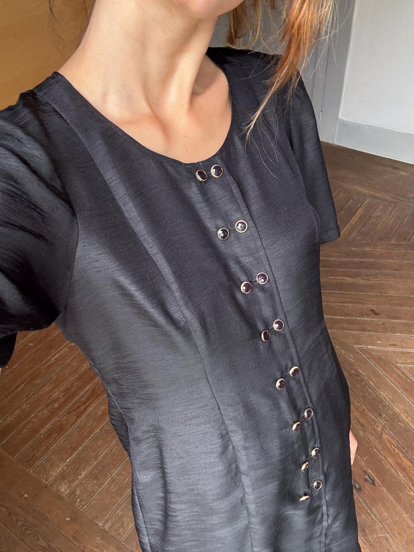 Vintage Handmade Black Dress Short Sleeve Elegant Minimalist Shift Dress with Button Details Retro 90s Chic Cocktail Party Outfit