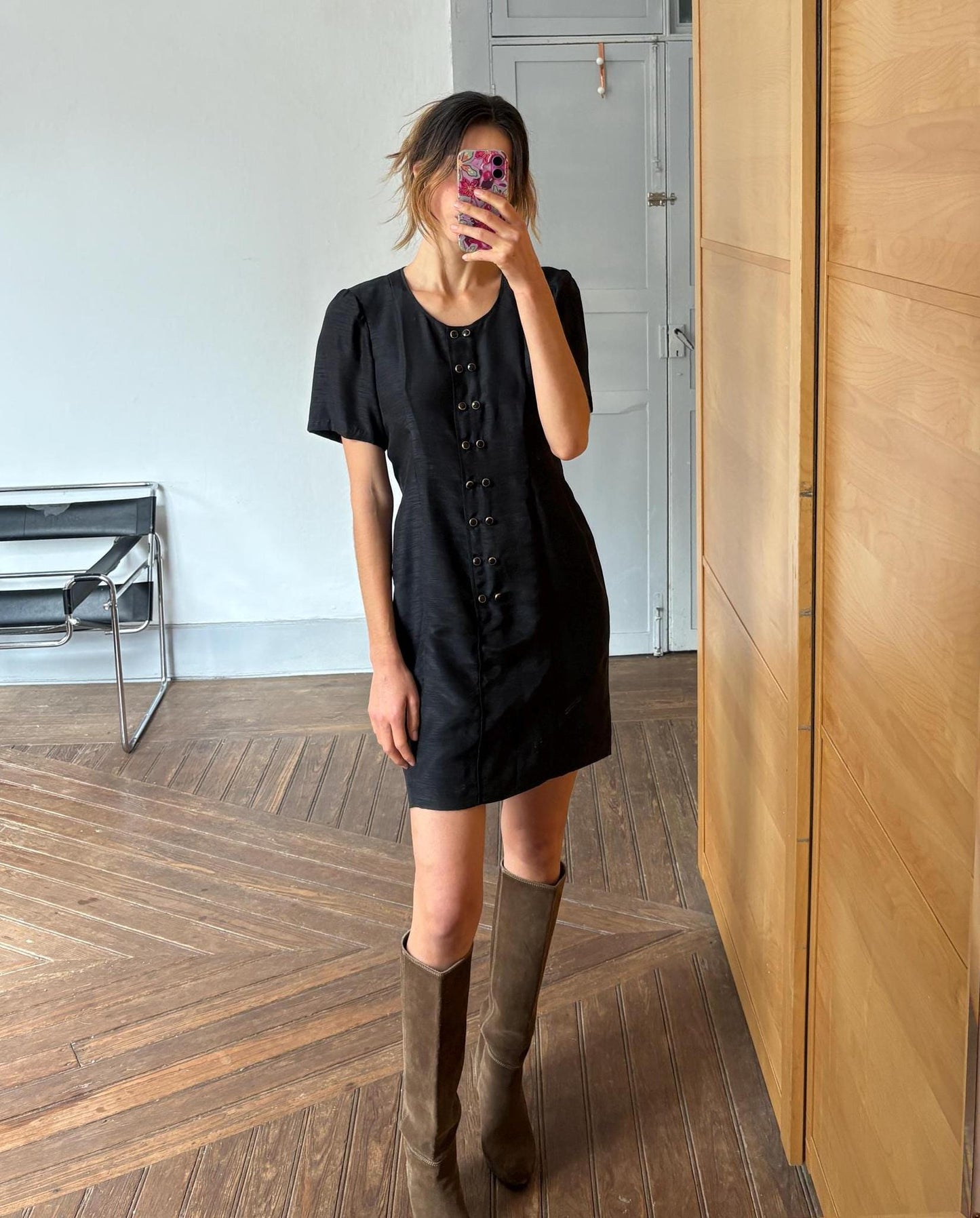 Vintage Handmade Black Dress Short Sleeve Elegant Minimalist Shift Dress with Button Details Retro 90s Chic Cocktail Party Outfit