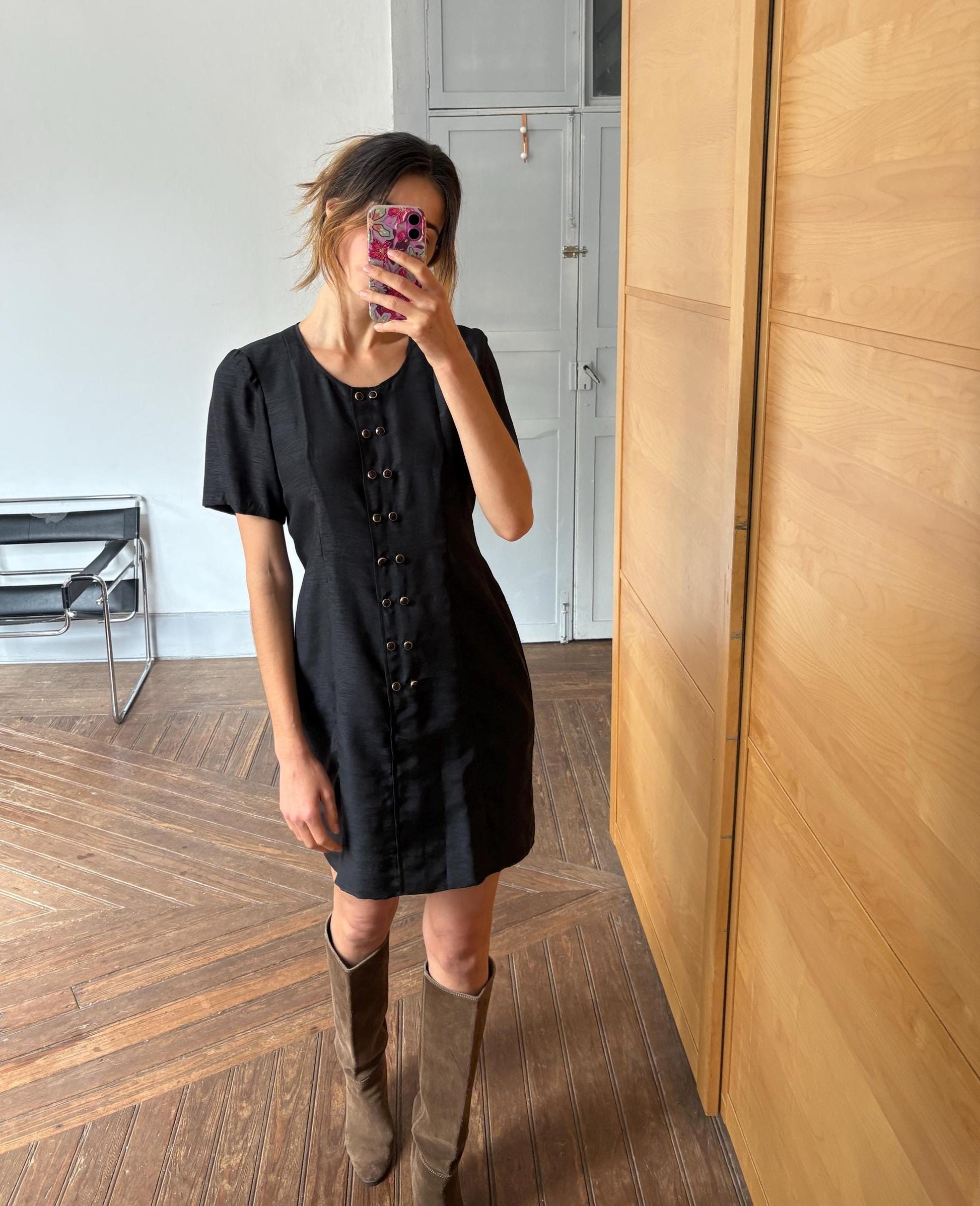 Vintage Handmade Black Dress Short Sleeve Elegant Minimalist Shift Dress with Button Details Retro 90s Chic Cocktail Party Outfit