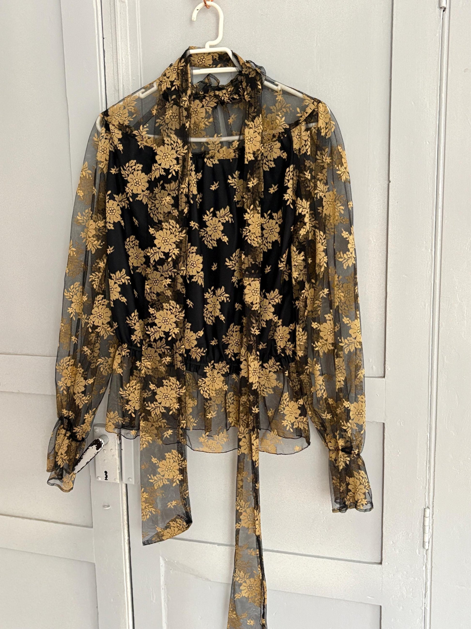 Vintage lace sheer top romantic gothic floral blouse with long scarf tie versatile styling option