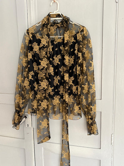 Vintage Lace Sheer Floral Blouse With Scarf Tie — additional view 6
